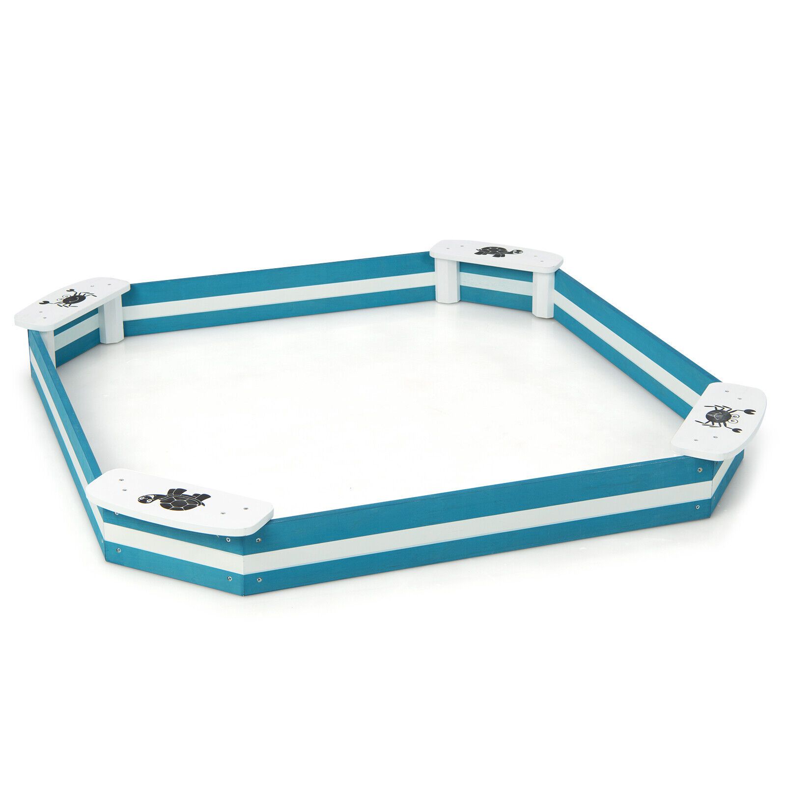 Slickblue 32.5 x 32.5 inch Cedar Hexagon Sandbox with 4 Built-In Seats for Kids Backyard Play Blue and White