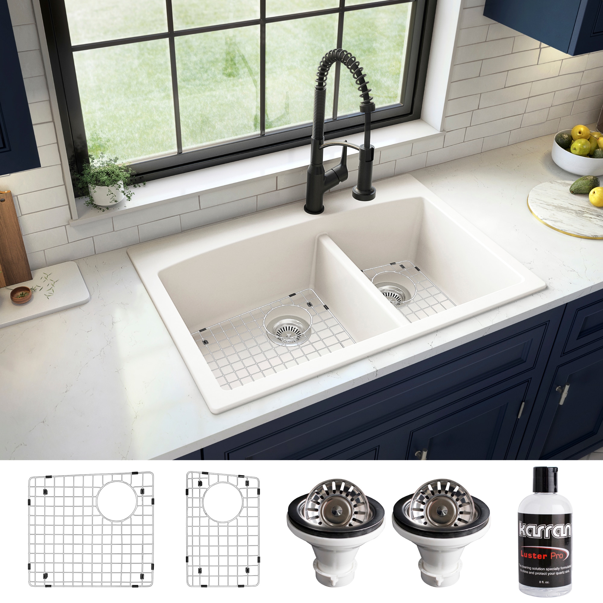 Karran QT-711-WH-PK1 Drop-in or undermount 33-in x 22-in Quartz Double offset bowl Kitchen Sink