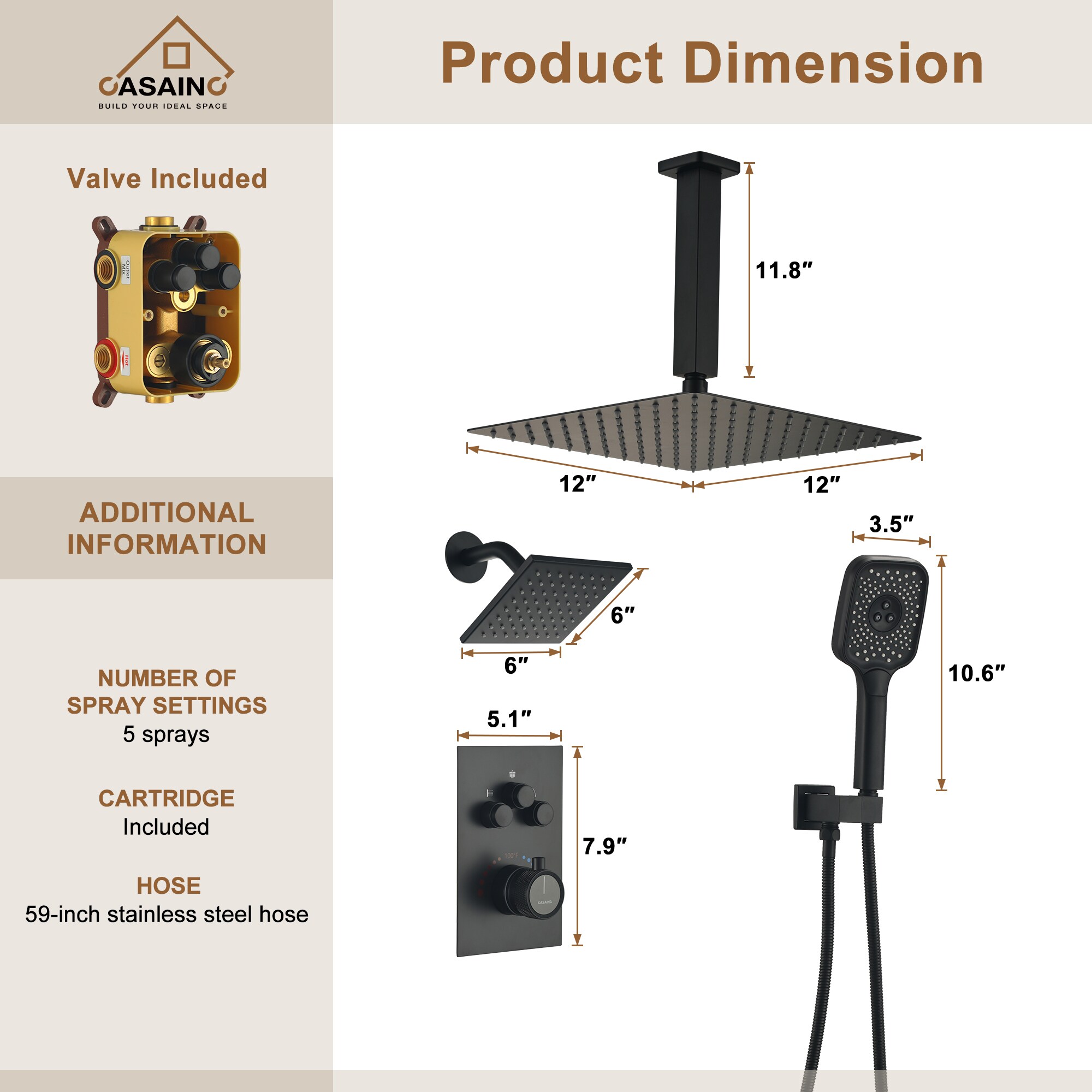CASAINC CS6222-12MB Showerhead-Bar-Panels - View #5