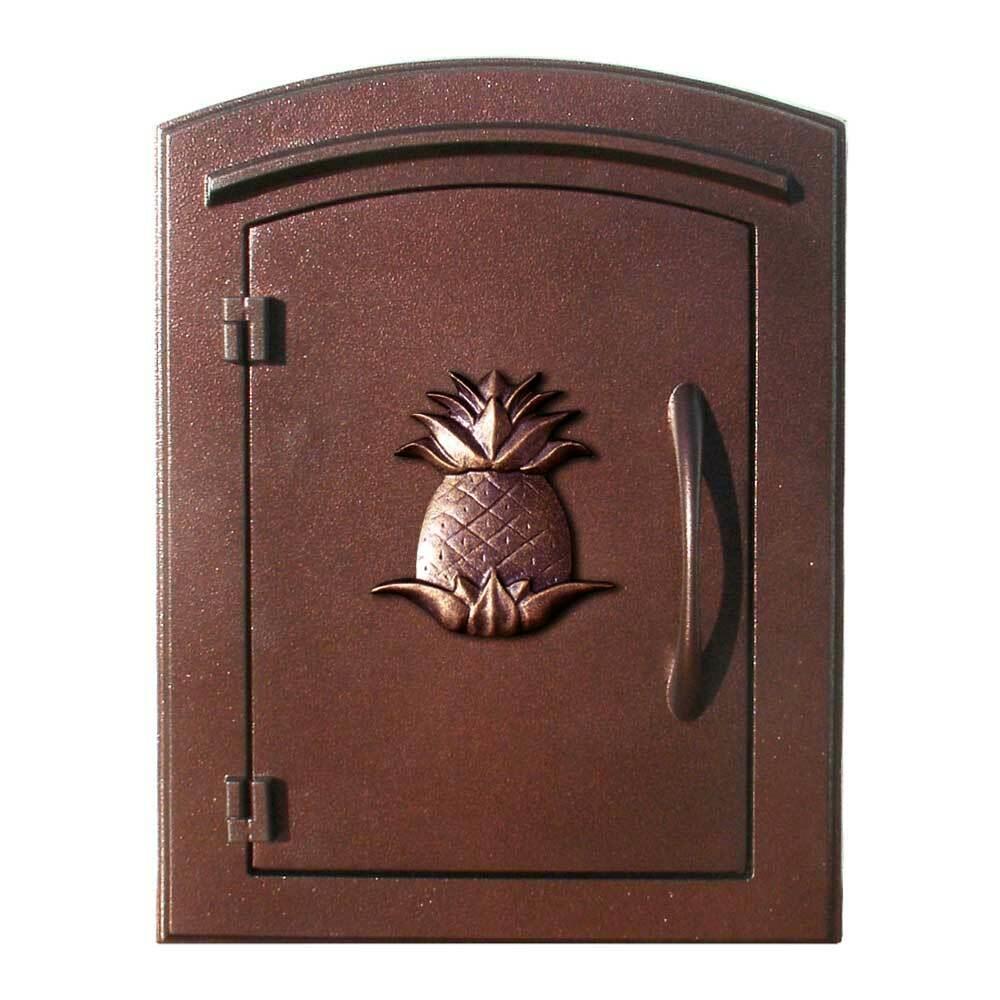QualArc QUAL1583  MAN-1405-AC 14 in. Manchester Non-Locking Column Mount Mailbox with Decorative Pineapple Logo in Antique Copper