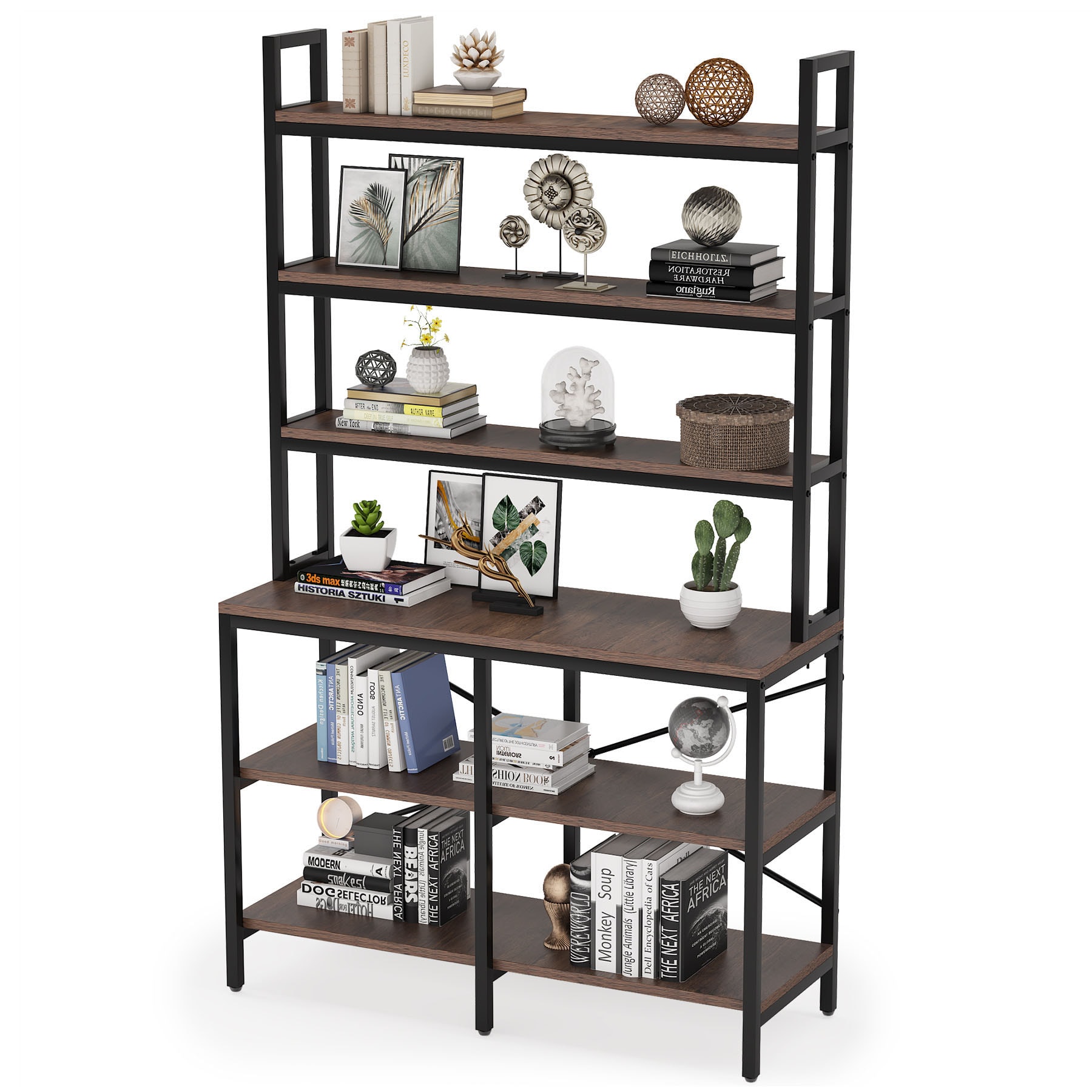 Rustic Brown 6-Tier Industrial Bookshelf with Metal Frame