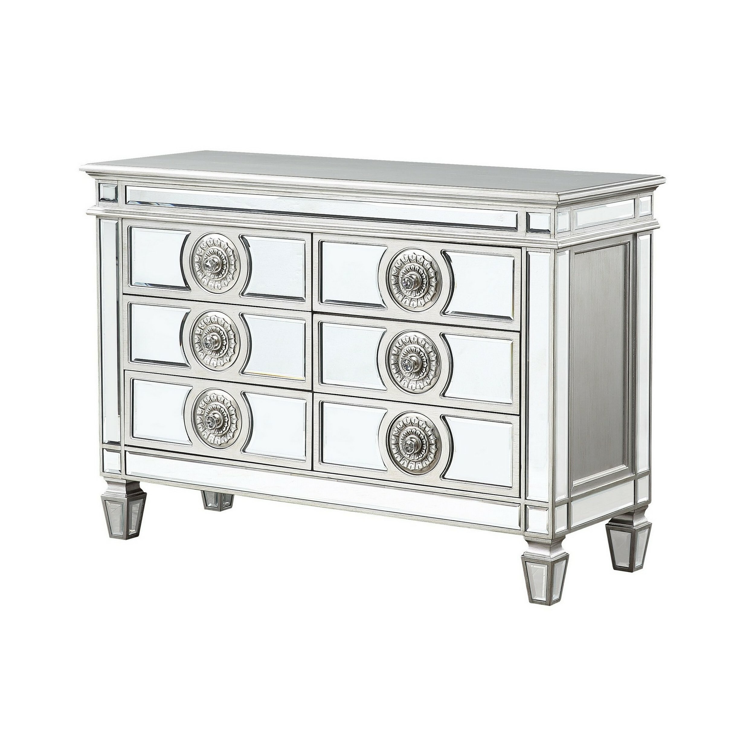 Benzara BM263895 Server with 6 Mirrored Drawers and Medallion Front, Silver
