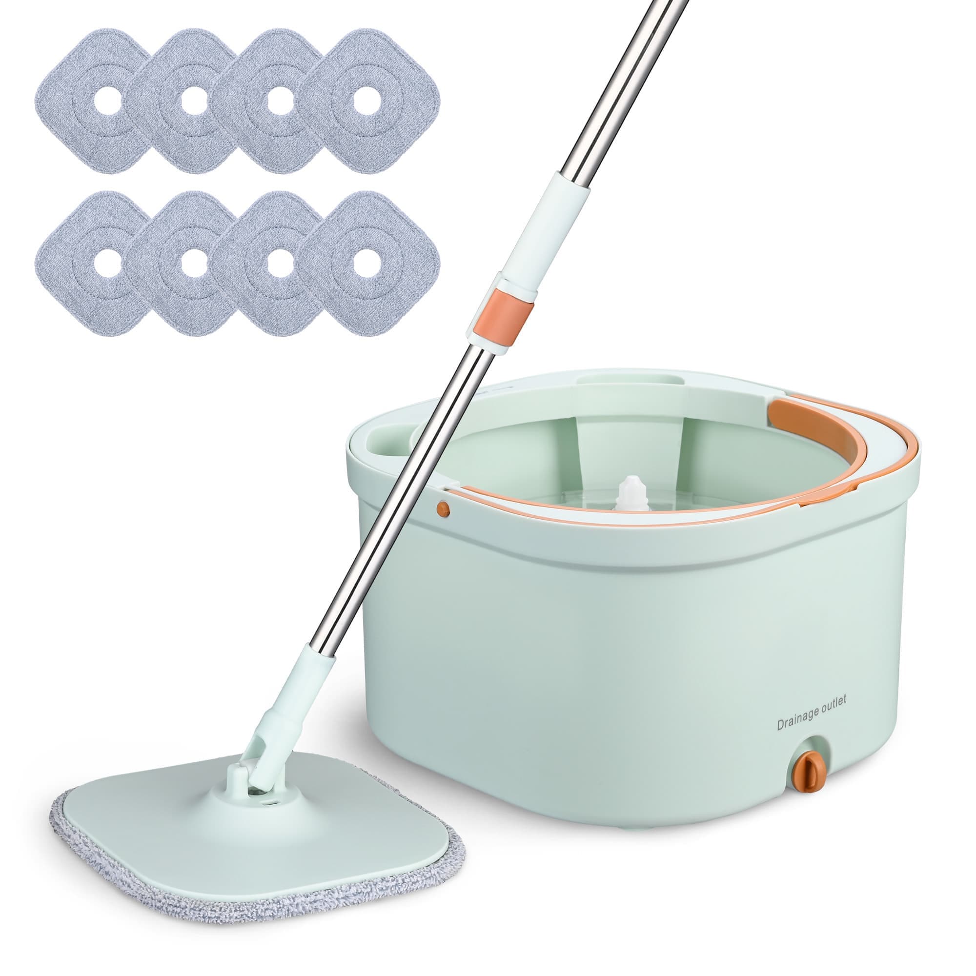 Yescom 06MOP001-TDT-04-LO 8 Microfiber Pads Square Spin Mop and Bucket System Set Floor Cleaning With Separate Clean and Dirty Water Filtration Green