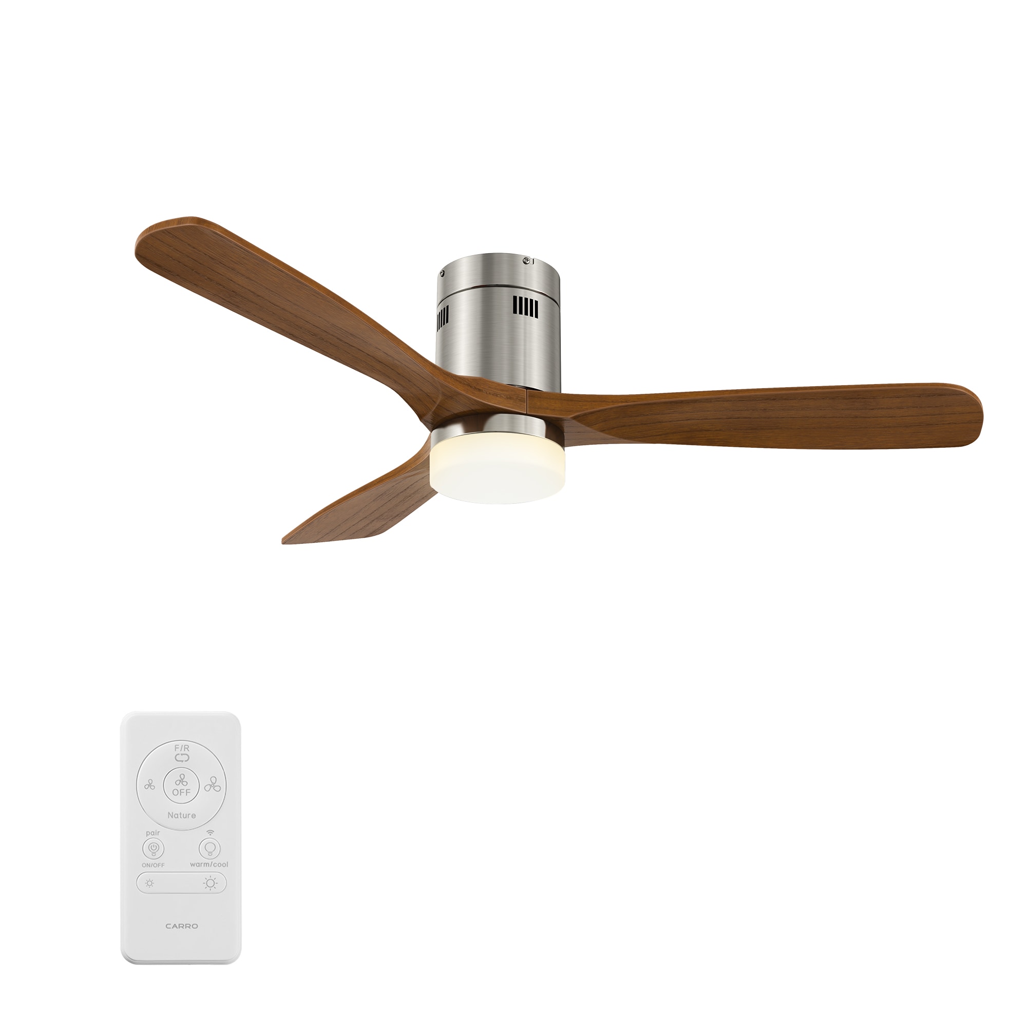 CARRO USA LS523P3-L12-SM2-1-FM Striver 52-in Color-Changing Integrated LED Flush Mount Smart Silver with Solid Wood Blades Ceiling Fan With Light - Remote Included ( 3 -Blade )