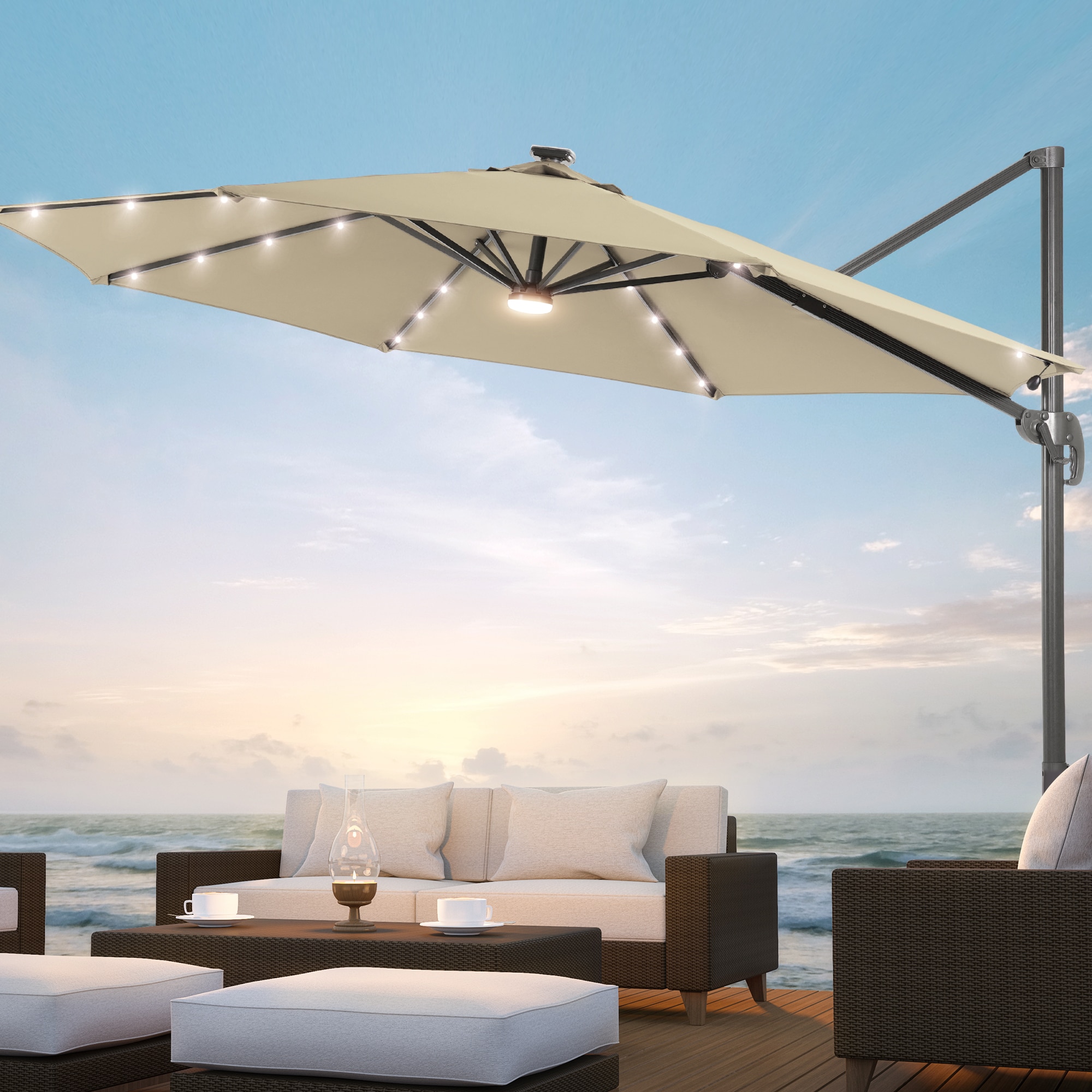 ACEGOSES LW-LED-330SD 10-ft Steel Tan No-tilt Cantilever Patio Umbrella with Lights