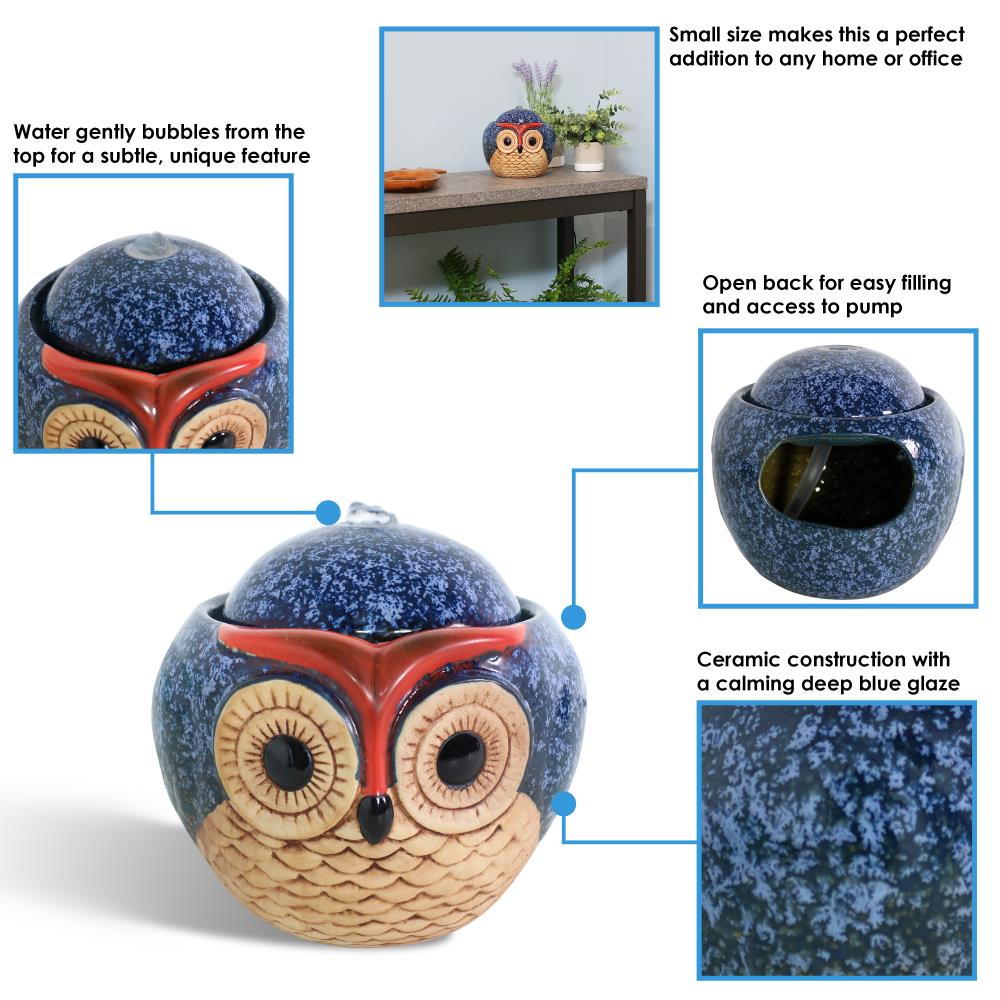 Whimsical Blue and Brown Ceramic Owl Tabletop Fountain