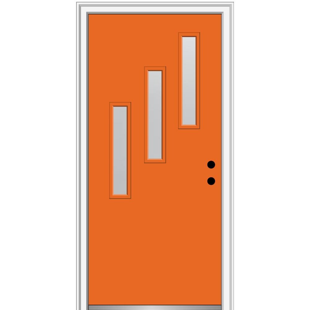 MMI DOOR ZZ348105L Spotlights 32-in x 80-in x 4-9/16-in Fiberglass Pulse lite Left-hand inswing Tangerine Painted Prehung Front Door with Brickmould Insulating core