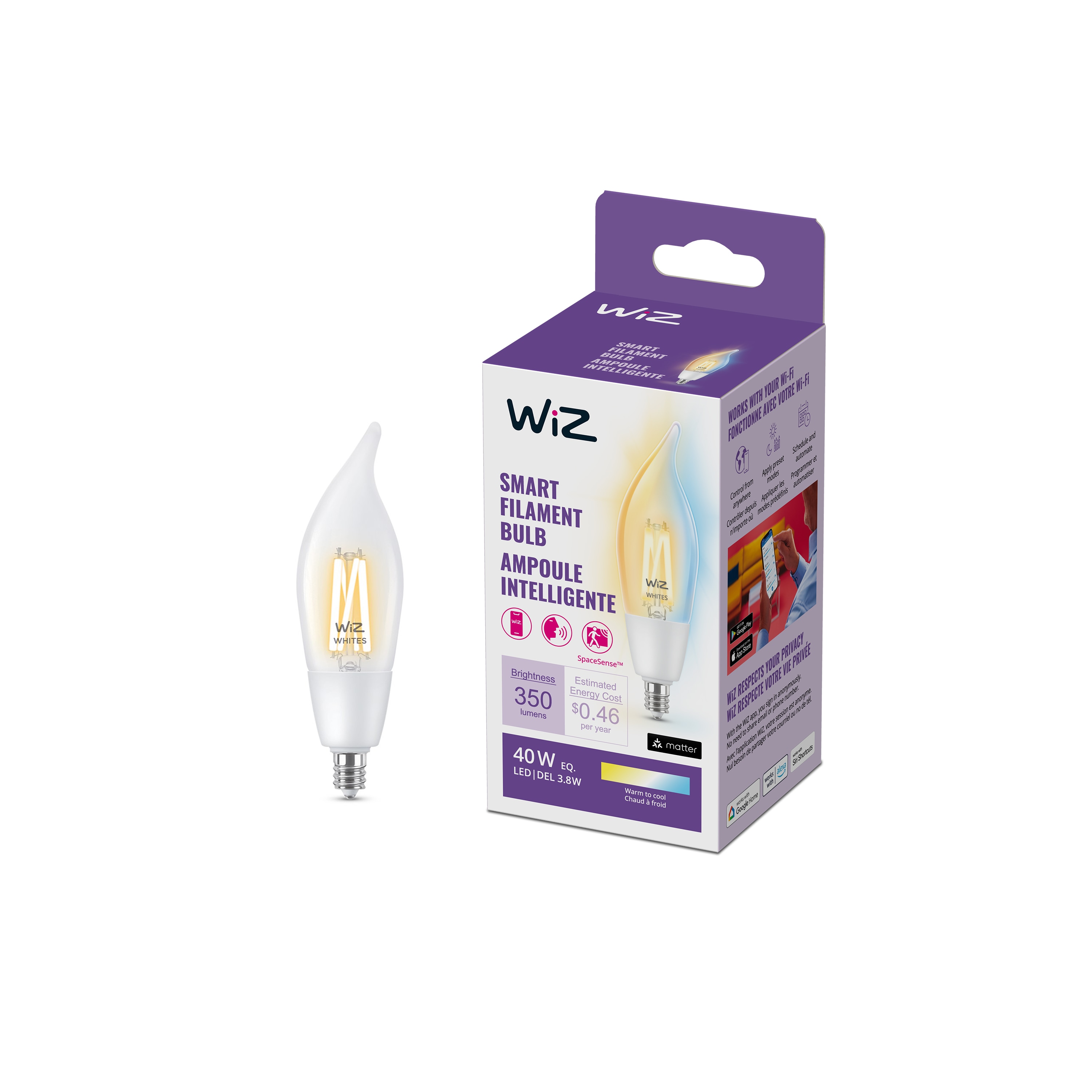 WiZ 603992 Tunable White 40 -Watt EQ B11 Tunable white Candelabra base (E-12) Dimmable Smart LED General purpose Light Bulb