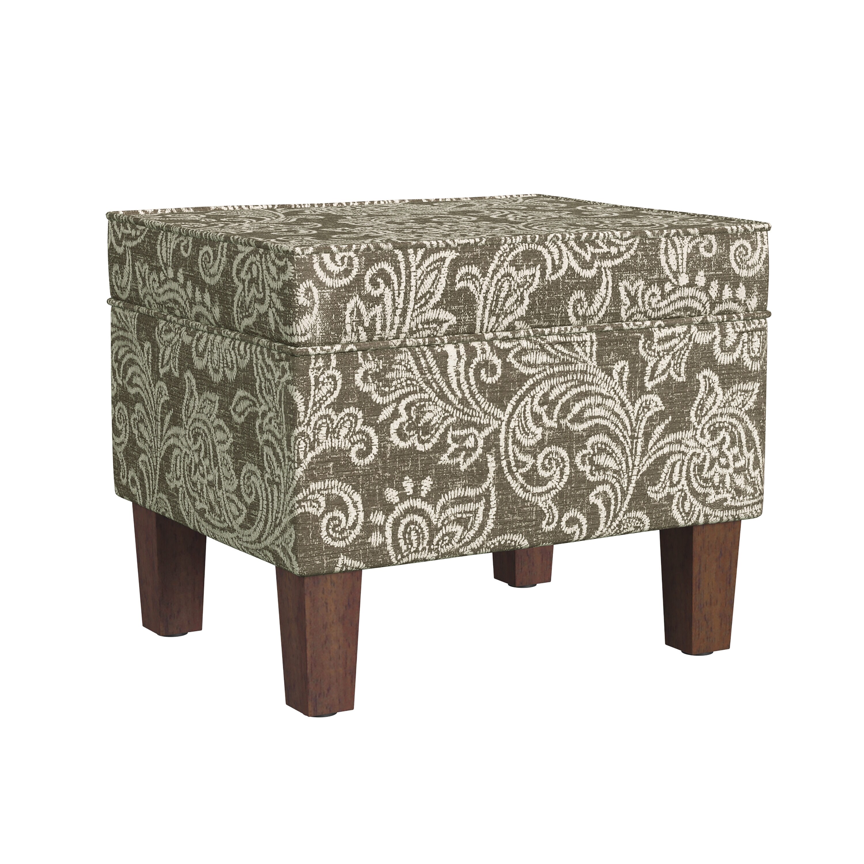 Brown Jacobean Print Upholstered Storage Ottoman with Hinged Lid
