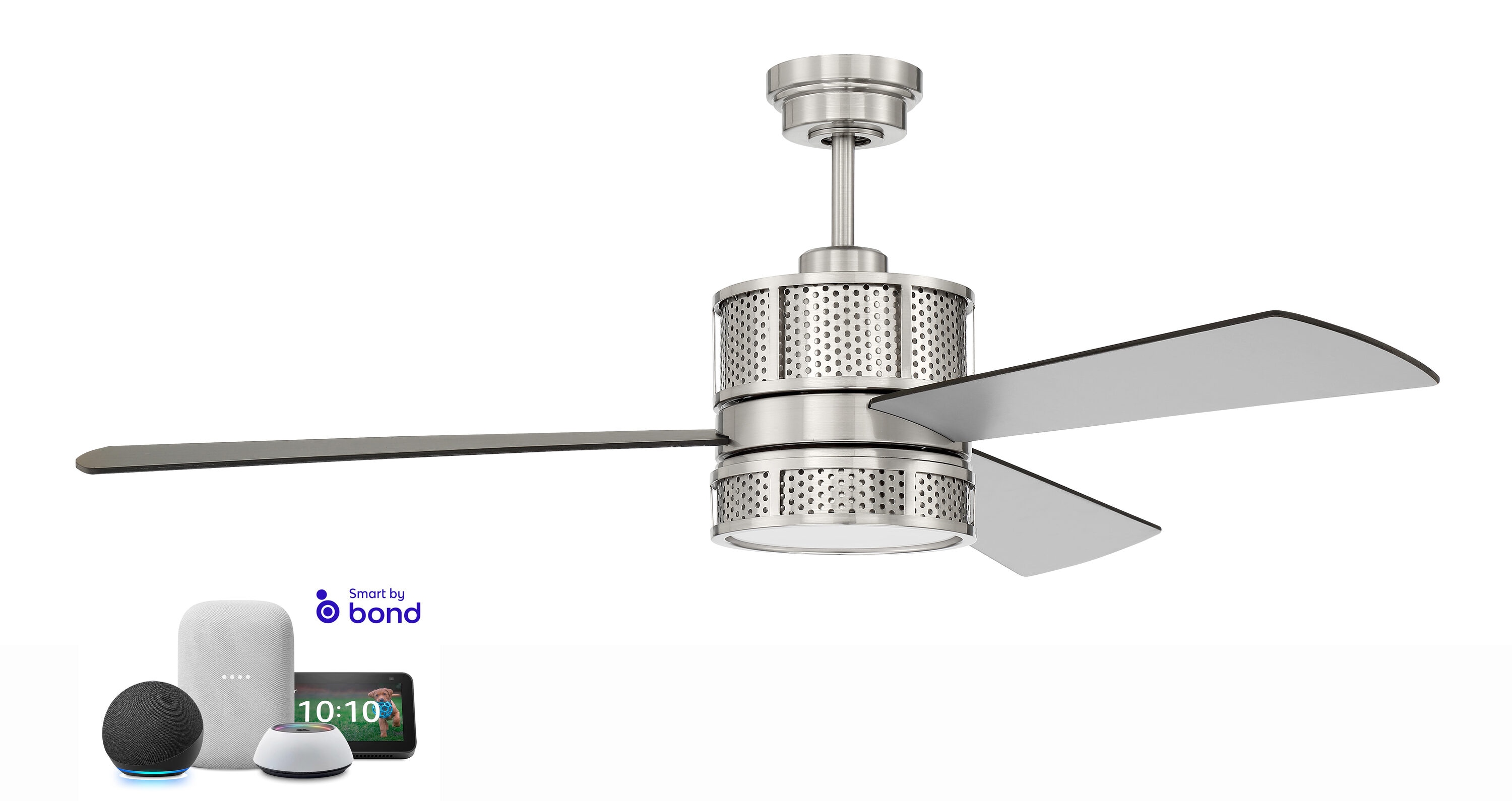 Craftmade MRN52BNK3 Morrison 52-Inches Brushed Polished Nickel with Brushed Nickel/Flat Black Blades Indoor Downrod mount Smart Compatible Standard Ceiling Fan With Light and Remote ( 3 -Blade)