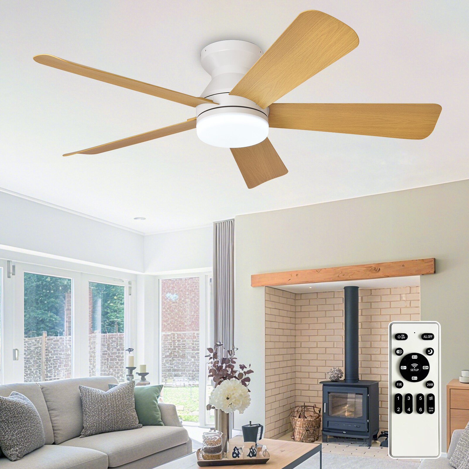 Depuley 194C 42-in White with Wood Grain Blades LED Downrod or Flush Mount Smart Fandelier Ceiling Fan With Light and Remote Control Included 5 -Blade