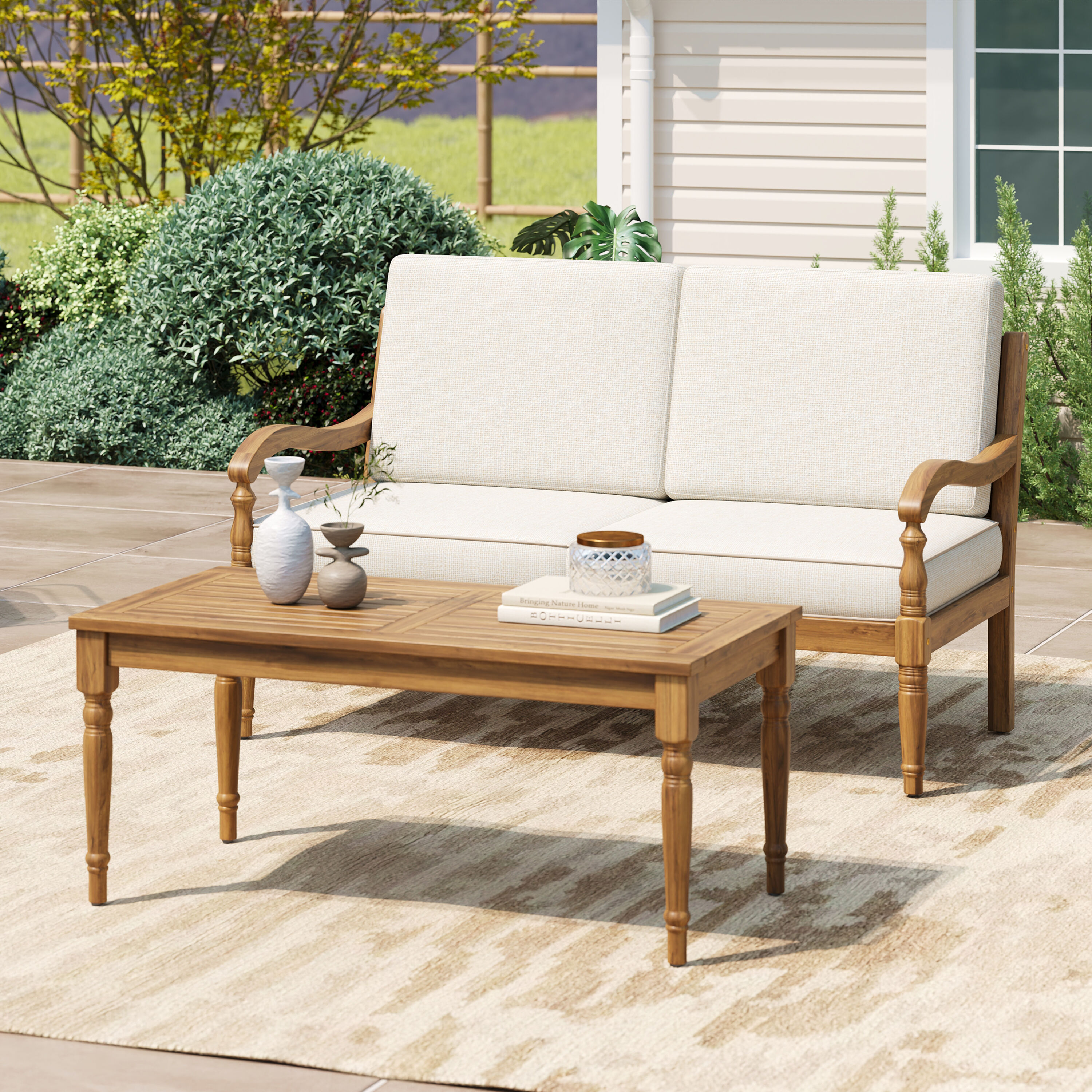 LOVMOR - 2 Piece Natural Beige Acacia Wood Outdoor Patio Sofa Set Cushions