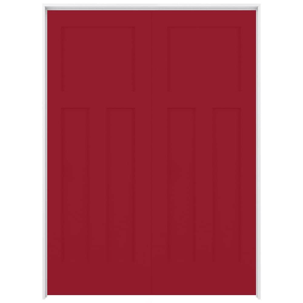 RELIABILT LO1369636 64-in x 80-in Barn Red Solid core 3-panel craftsman Reversible/Universal Smooth Prefinished Pine Wood Flat Jamb Double Prehung Interior Door