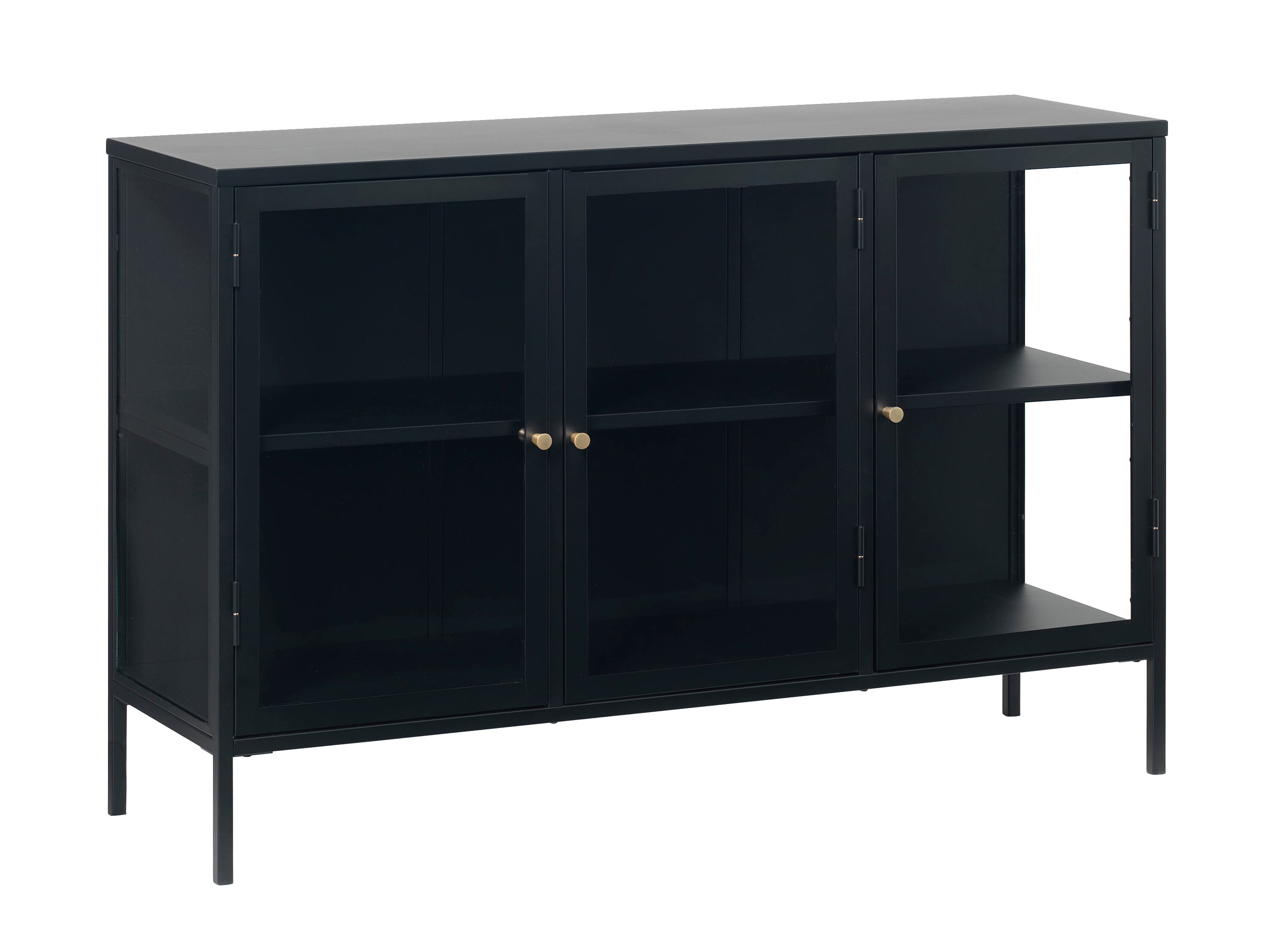 Black Metal and Glass 3-Door Sideboard with Brass Knobs