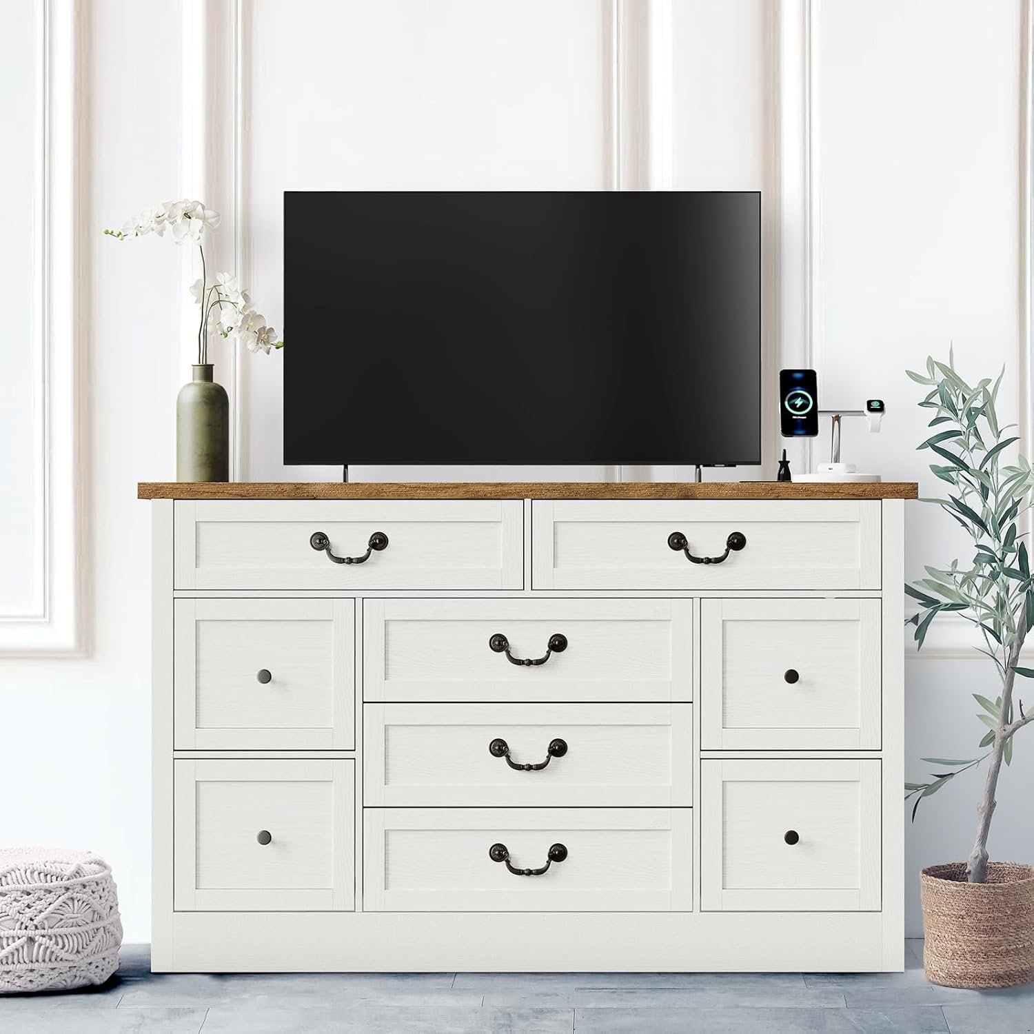 Qeetex D23PHO34QYABKC Farmhouse 9 Drawer Engineered Wood Dresser with Built In Charging Station and Anti Tip Device Brown