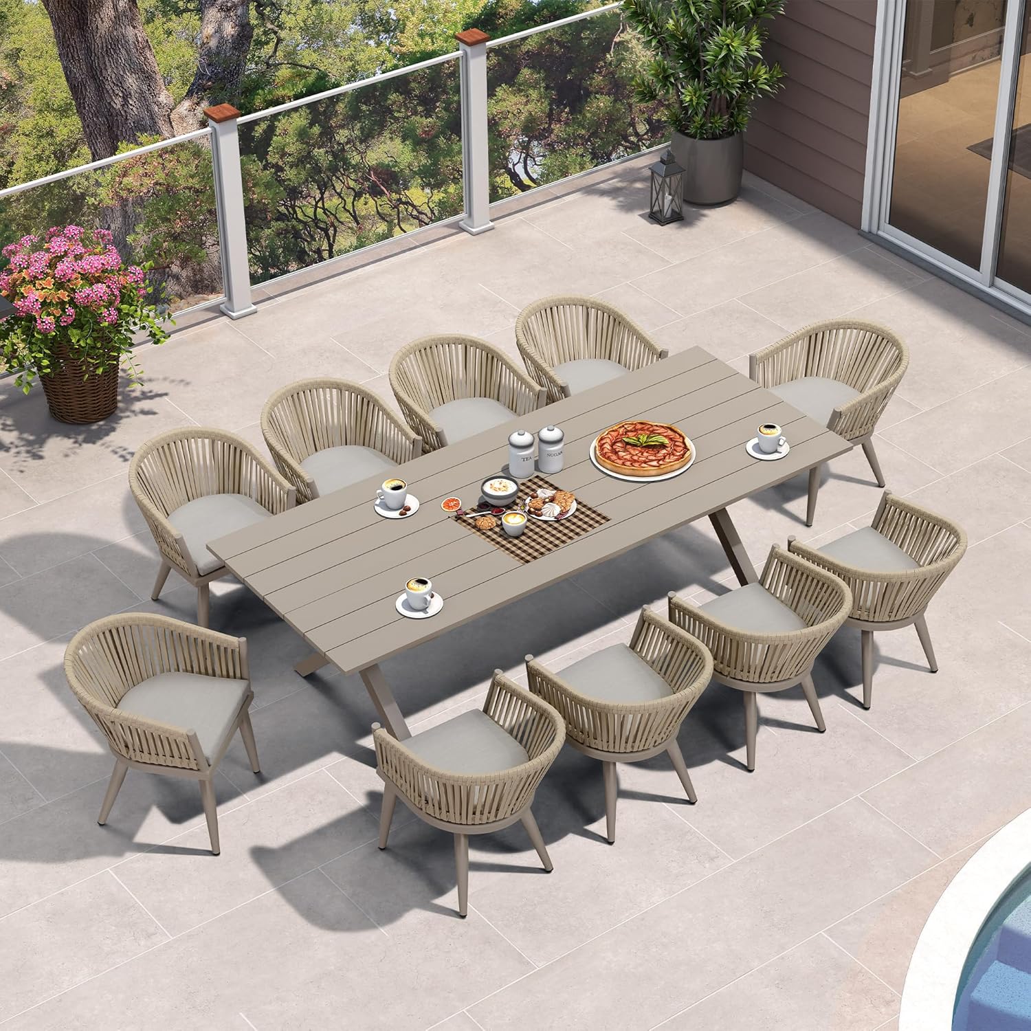 PURPLE LEAF LS03-OL11-250-CP 11 -Piece 11 pieces-Rectangle Rattan Patio Dining Set Aluminum Rectangle Table with 10 Yellow Cushions Stationary Chairs