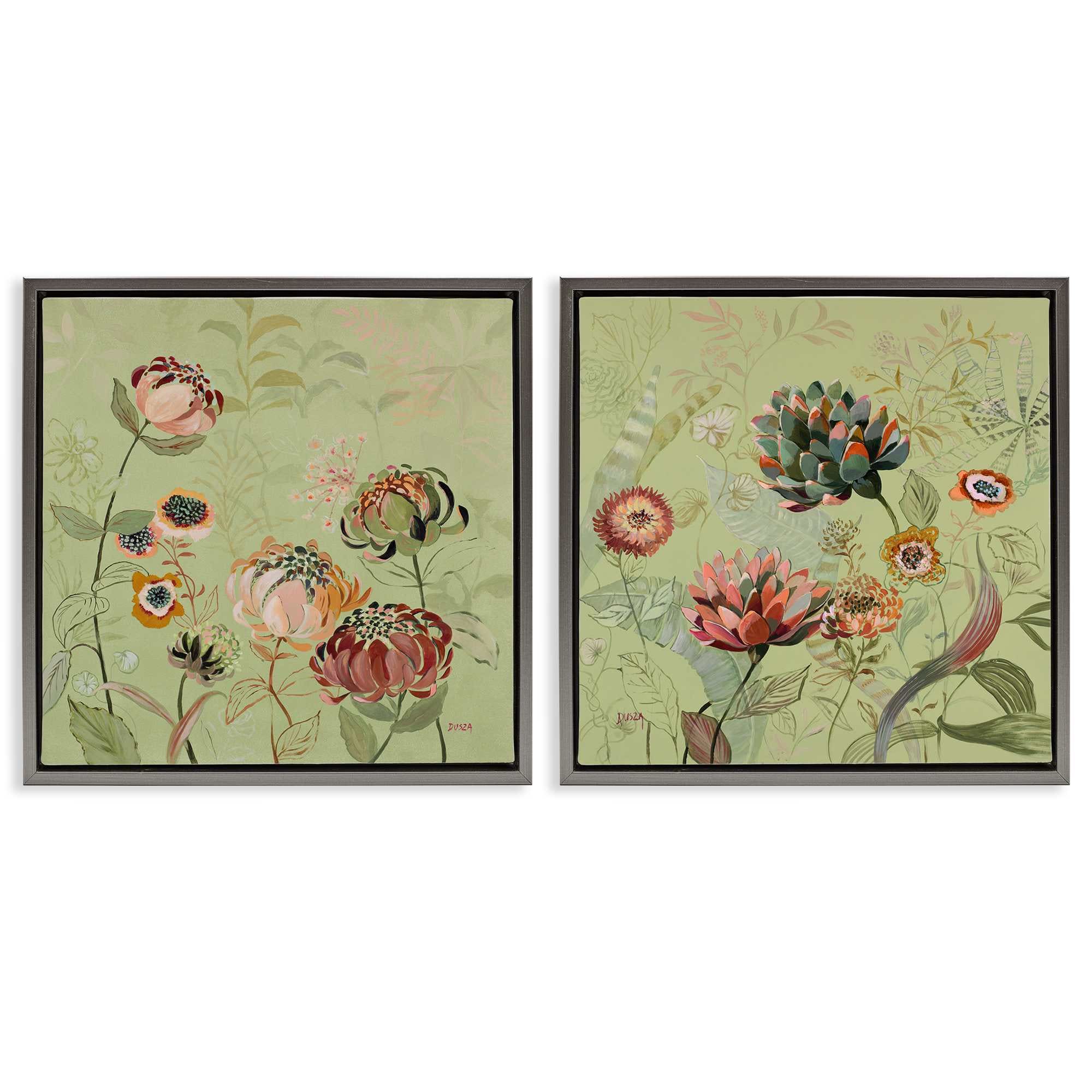Stupell Industries B2-798-FFL-2PC-24X24 Chrysanthemums on Olive Green 2 Piece Gray Framed Floater Canvas Set By Dusza 25 x 25
