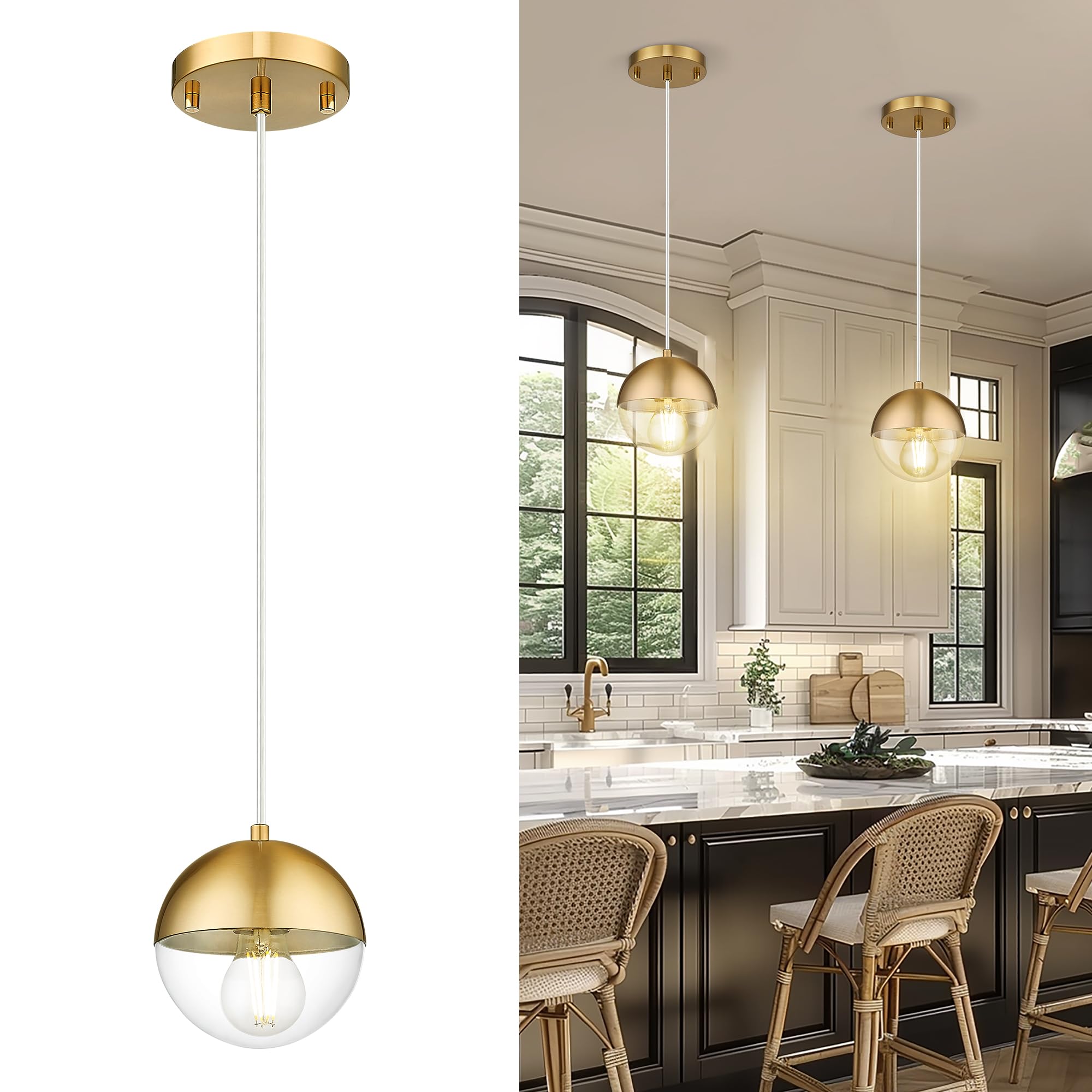 Vrbgify  6 inch brushed gold modern pendant light adjustable hanging fixture with clear globe glass shade for kitchen island dining room living
