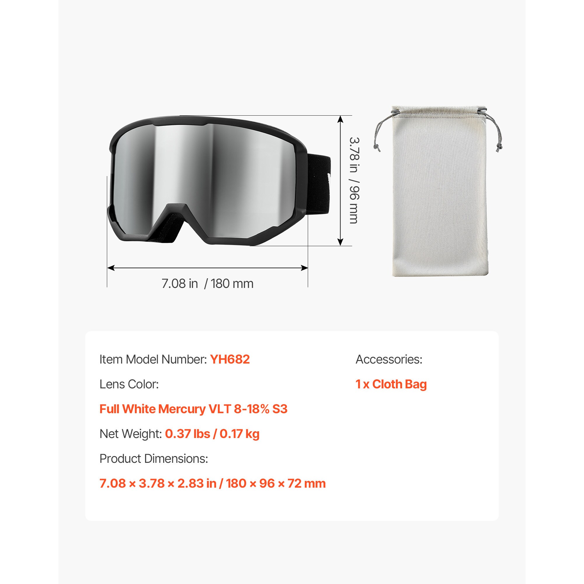 VEVOR Ski Goggles Cylindrical Lens with Silver Mirror Revo Coating