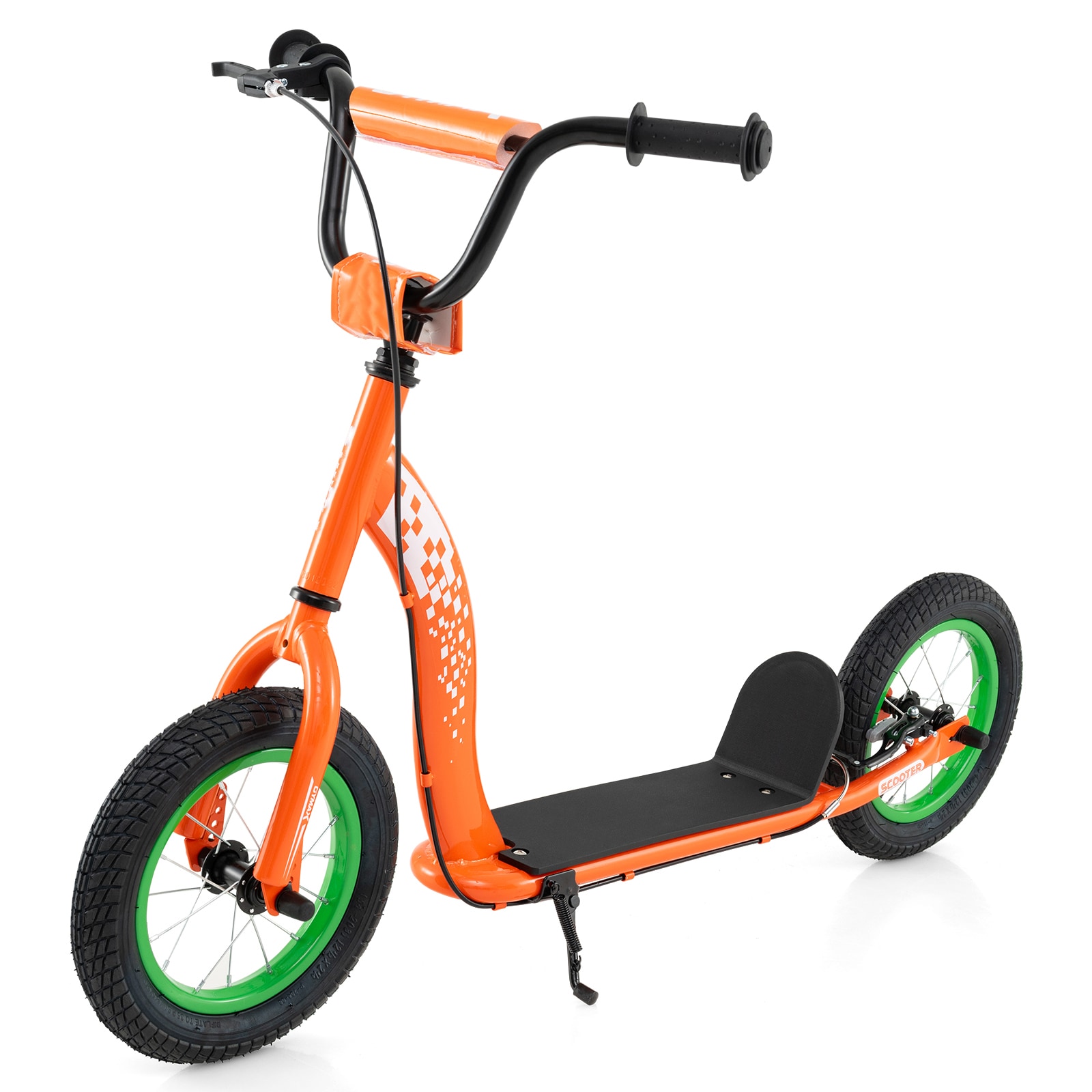 Slickblue Height Adjustable Youth Kick Scooter (32.5 - 34.5 Inch) Orange Handlebar Inflatable Rubber Tires Rear Brake Kickstand for Cement Brick Asphalt or Wood Floors