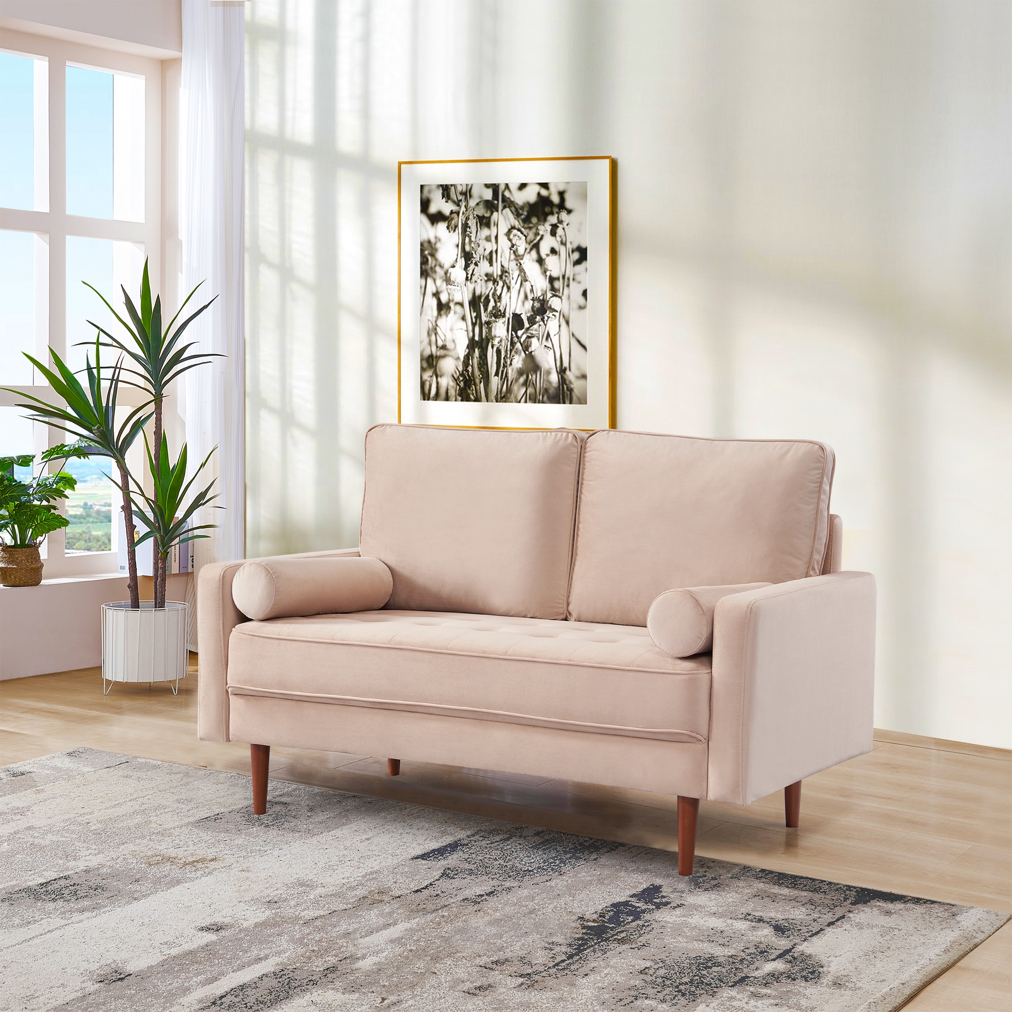 Beige Velvet Loveseat with Wood Legs and Bolster Pillows