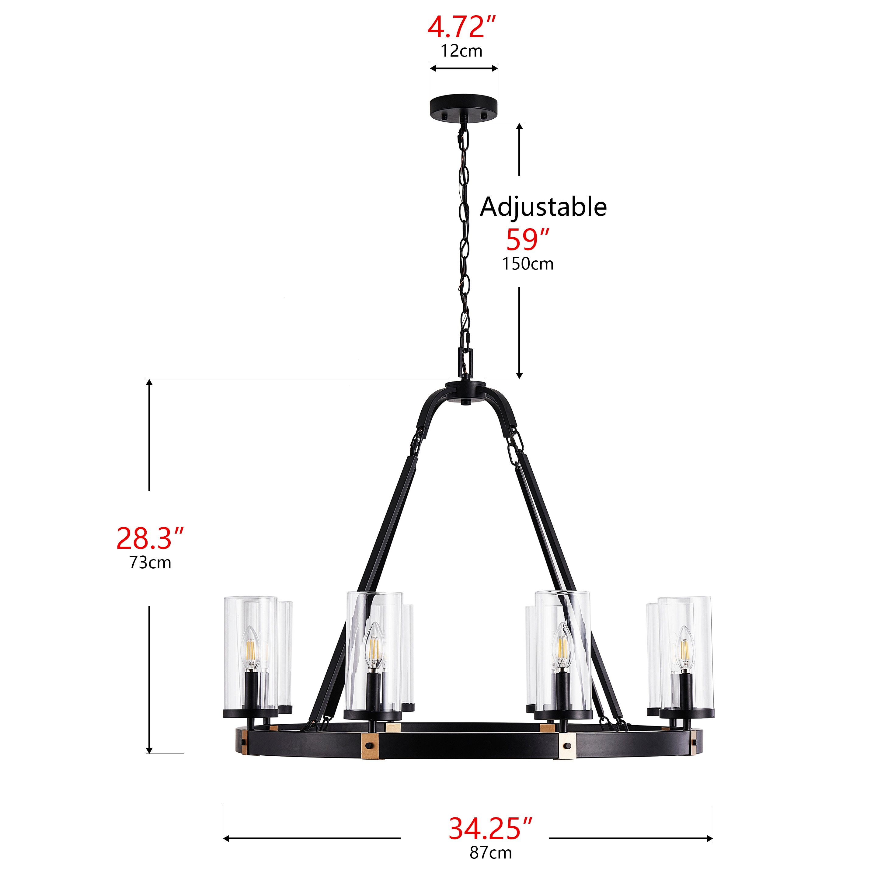 Black Industrial Wagon Wheel Candle Chandelier with Clear Glass Shades
