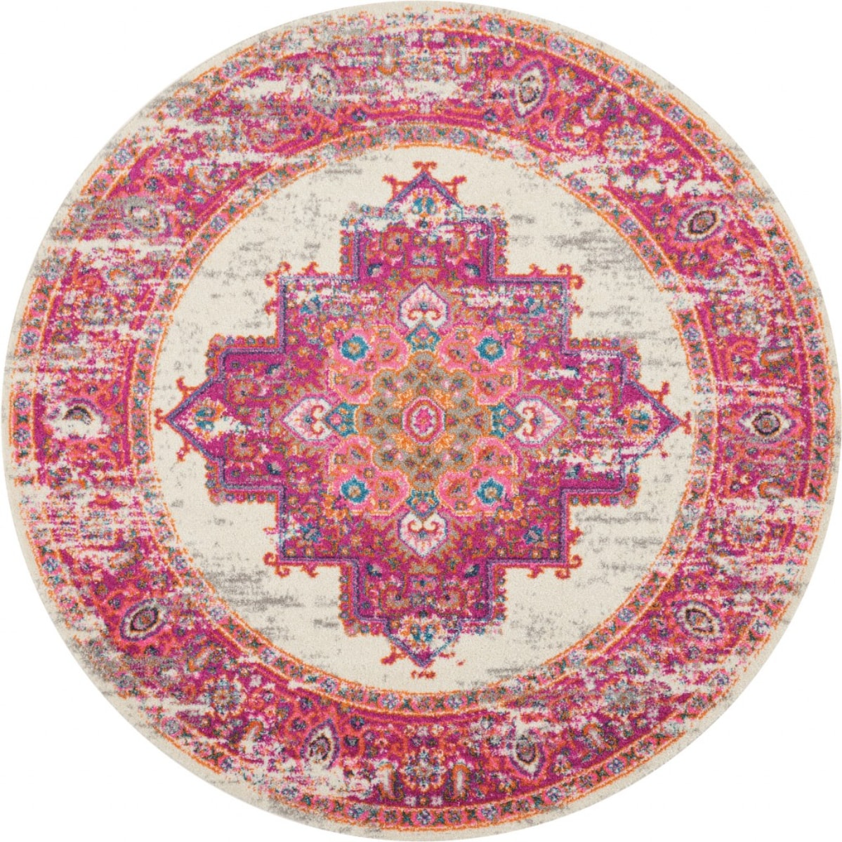 HomeRoots 4000385324 5 x 5 (ft) Loomed Polypropylene Ivory Fuchsia Round Indoor Area rug