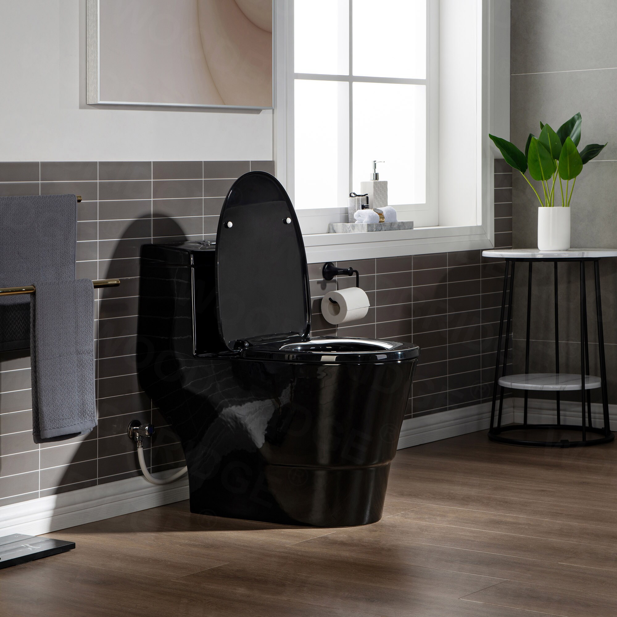 Woodbridge Bering Black Toilet with Chrome Button Dual Flush Elongated ...