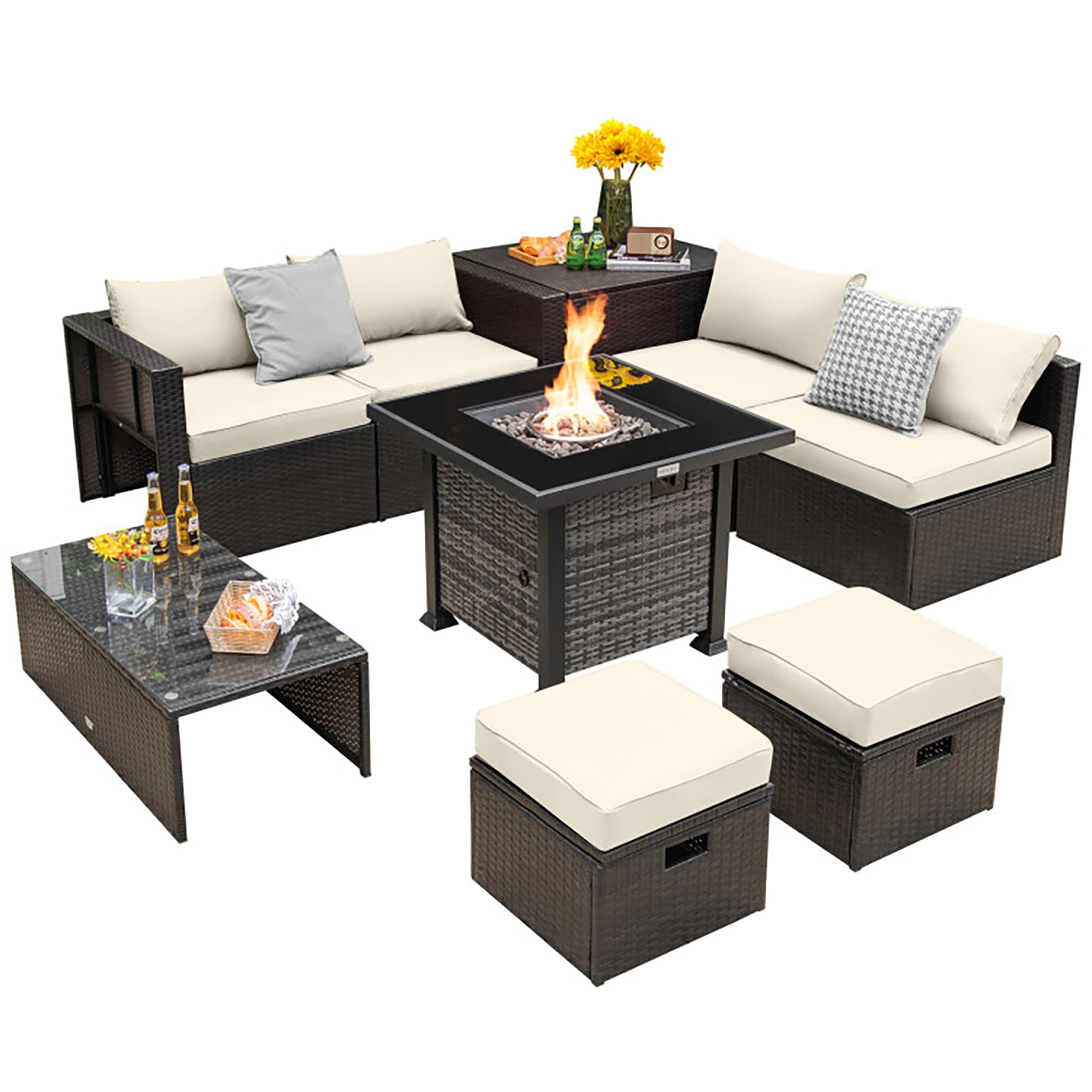CASAINC CEW-HY3615DBBG 9 -Piece Rattan 2 Patio Sofa Conversation Set with Off-white Cushions