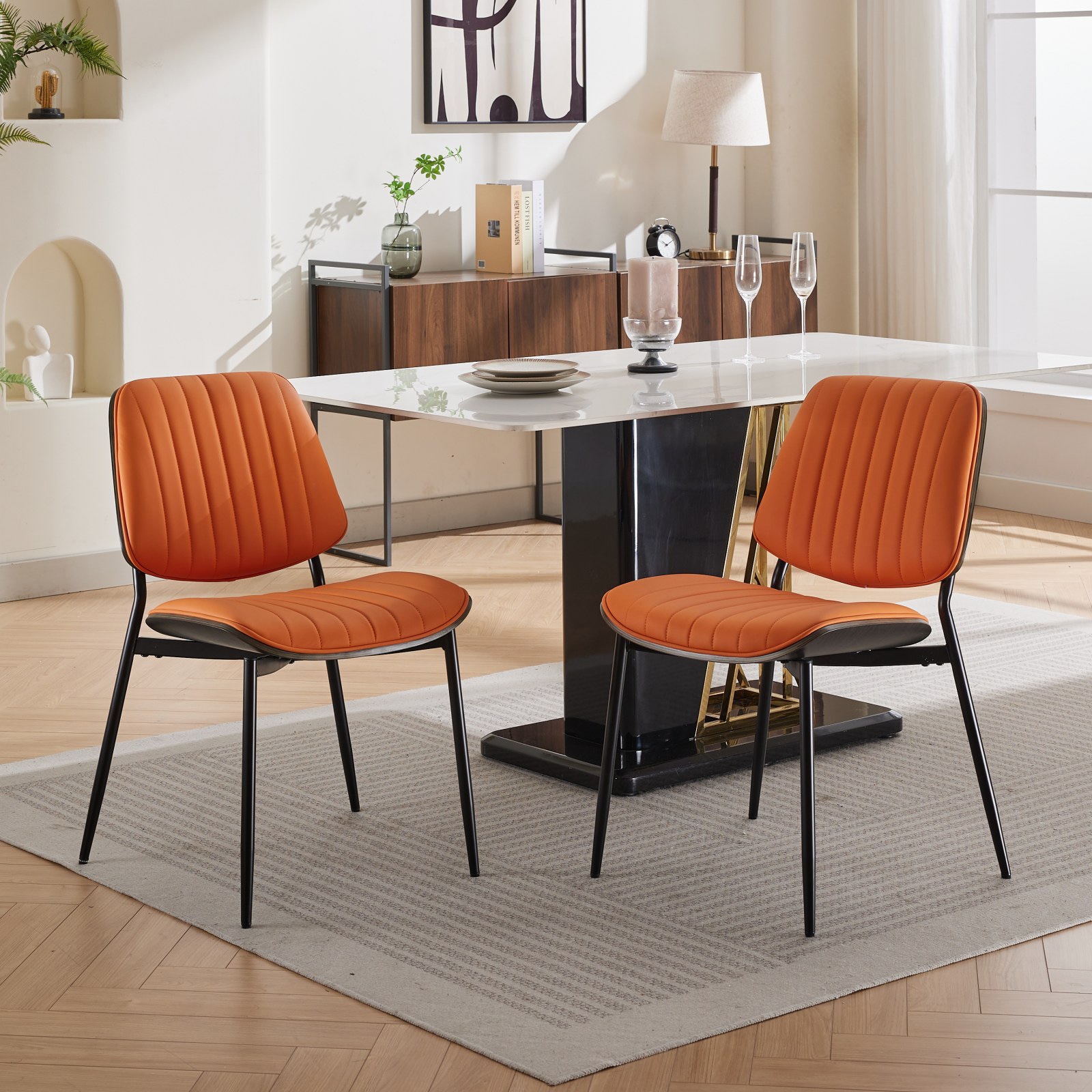 Hrinhom HC-N7016-ORANGE PU Set of 2 Faux Leather Dining Chairs