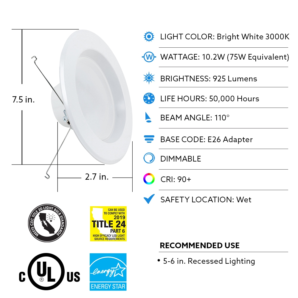 Bright White 5-6 Inch LED Dimmable Recessed Downlight