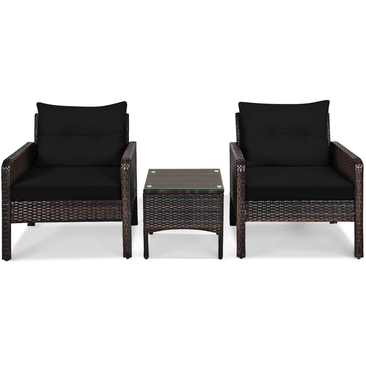 WELLFOR OUS68639DK 3 -Piece Rattan Patio Conversation Set with Black Cushions