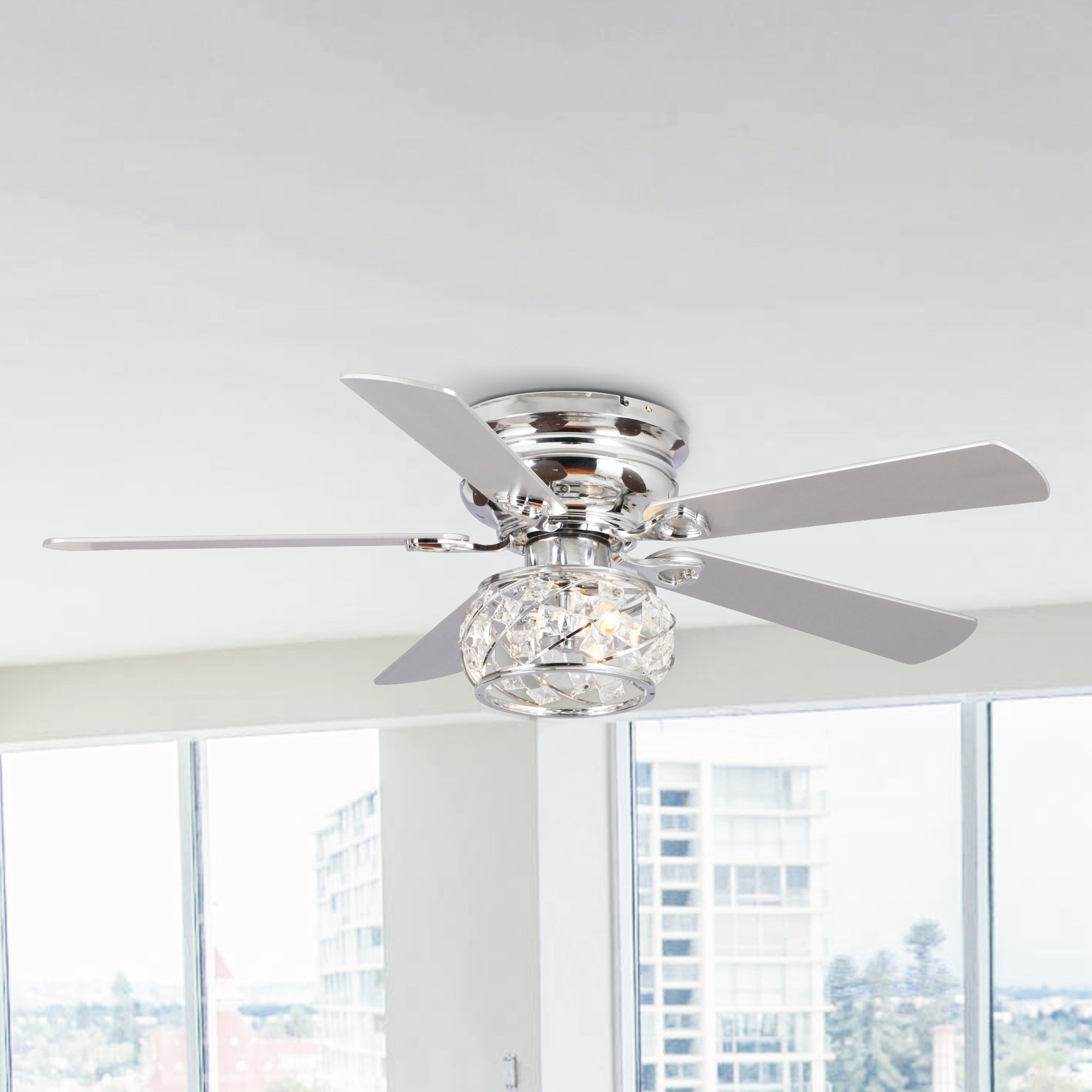 Parrot Uncle F6348110V 48-in Flush Mount Chrome with Silver Blades Ceiling Fan Light Kit Compatible - Remote Included ( 5 -Blade )