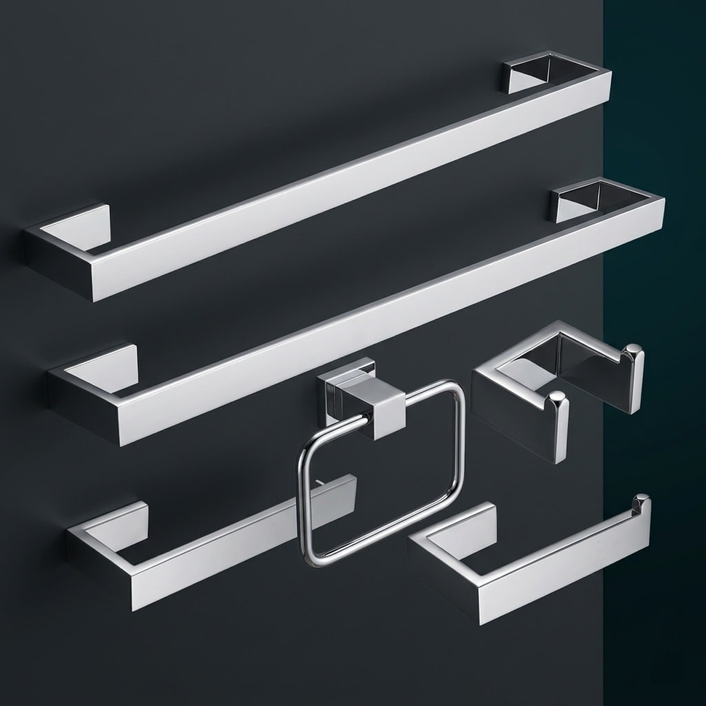 Afoxsos 5 Piece Bathroom Accessory Kit Stainless Steel Chrome Finish Includes Two 23.6 Inch Towel Bars 5.7 Inch Toilet Paper Holder 8.26 Inch Towel Ring 2.55 Inch Double Robe Hook Wall Mounted
