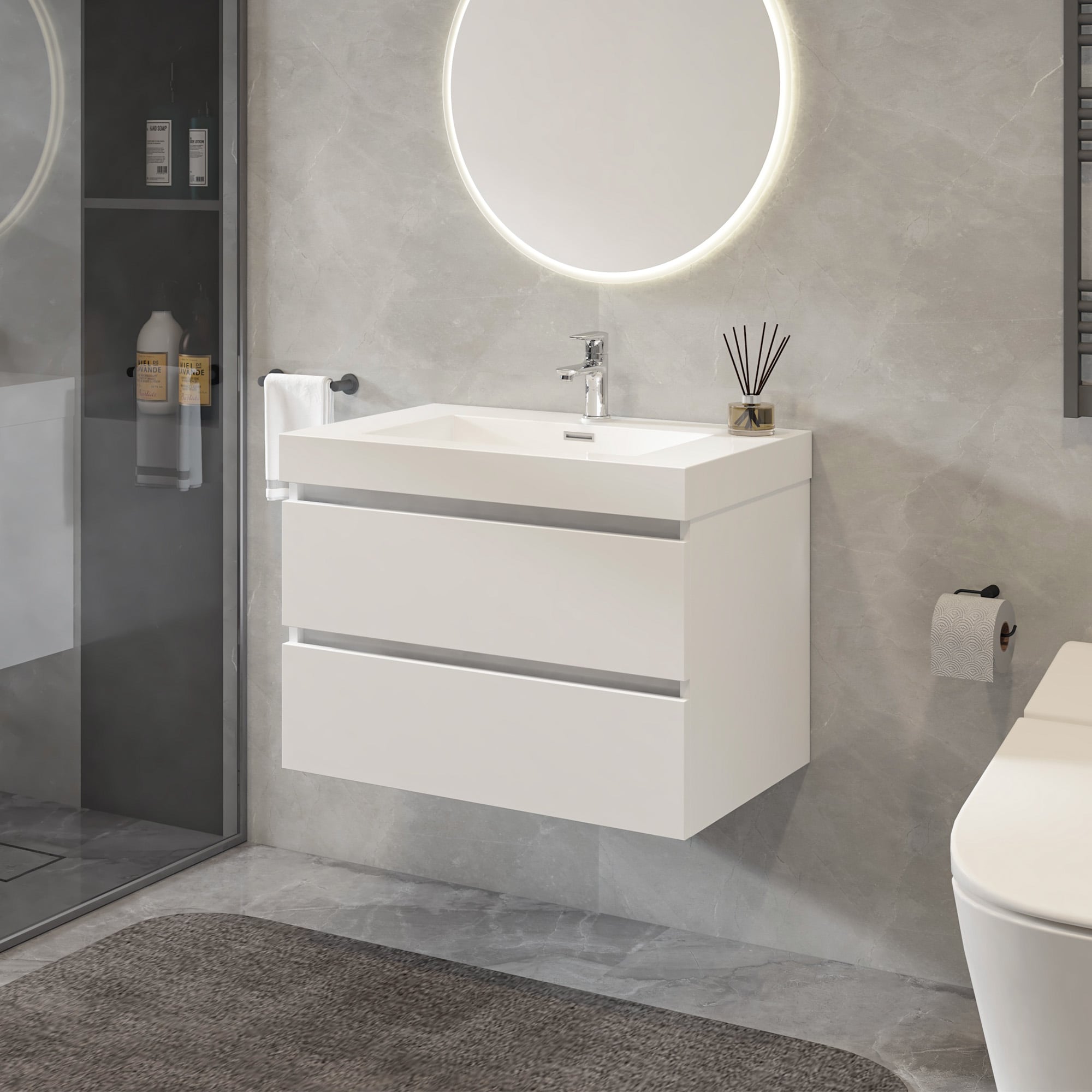 Glossy White Wall-Mount Single Sink Bathroom Vanity with Resin Top