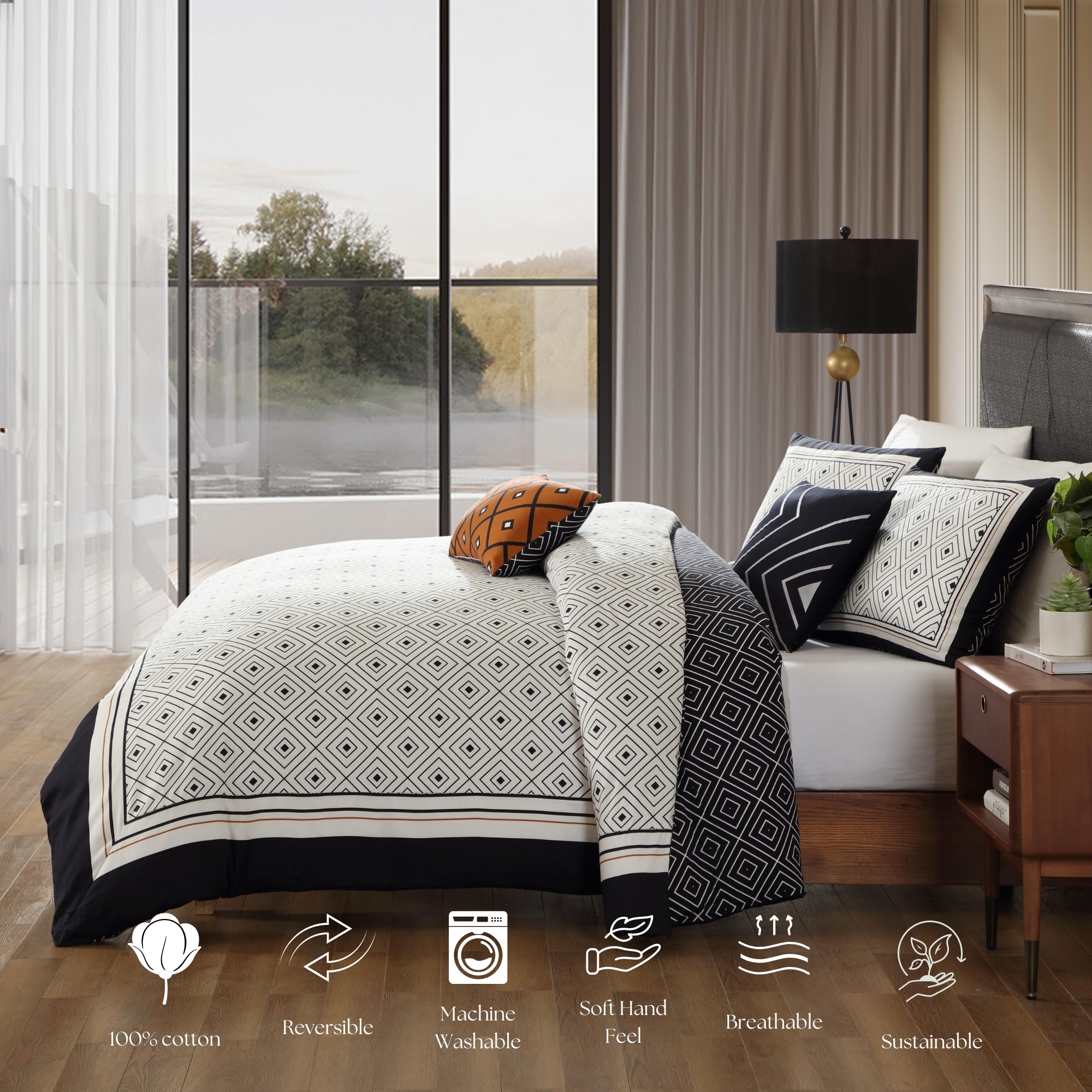 Queen White and Black Cotton Reversible Comforter Set