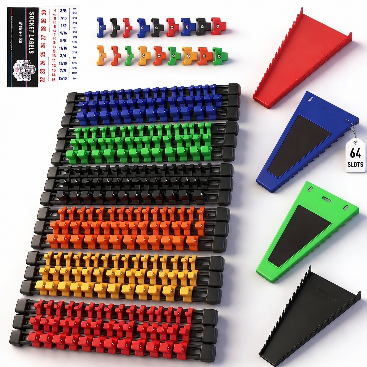 Linder Group Inc Socket Organizer 22 Piece Set Magnetic Wrench Holder for Quarter Three Eighth Half Inch Drives 64 Slot Metric SAE Tool Storage Color Coded Rails