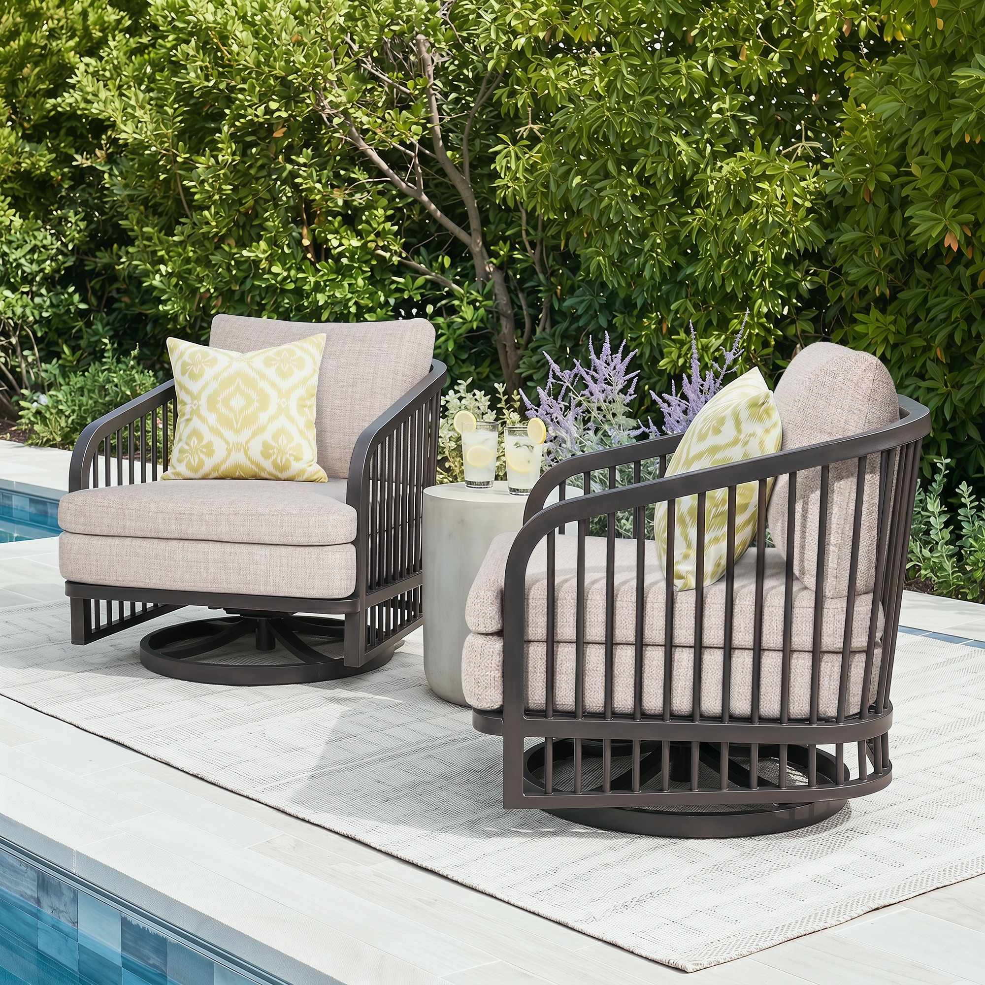 PEAK HOME FURNISHINGS Asheville Set of 2 Brown Aluminum Frame Swivel Conversation Chair with Beige Cushioned Seat