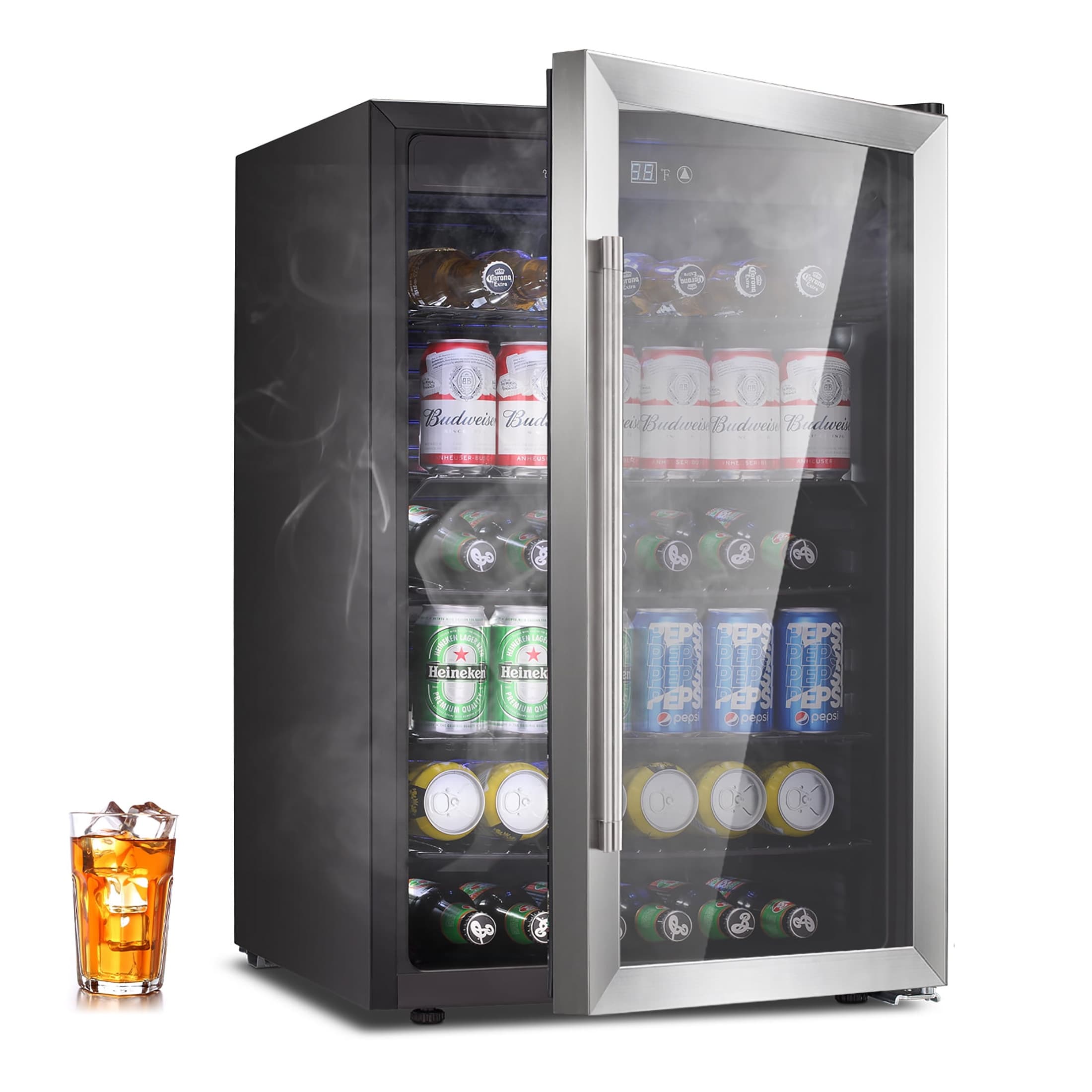 COWSAR W58128SBH 20.28-Inches W 126 -Can Capacity Black Glass Freestanding Indoor Beverage Refrigerator