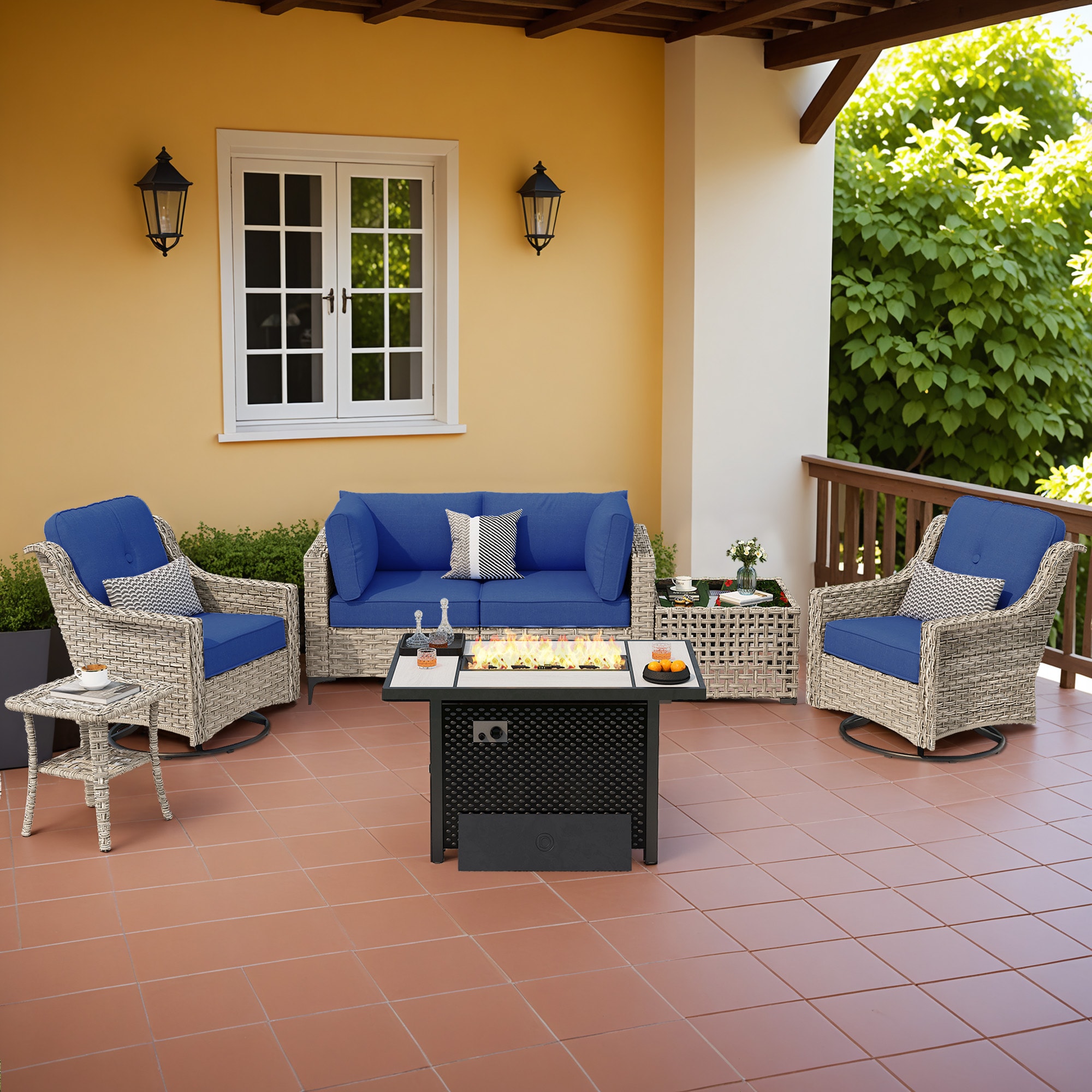 ALTRIGUS 6L-CFP03-YZSKT707-AL 7 -Piece Wicker Patio Sofa Conversation Set with Navy Cushions