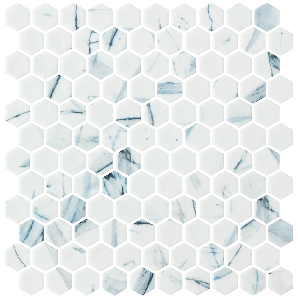 The Tile Life - Eterna Hex Calacatta Blue 1-in x 1-in Matte Glass Hexagon Mosaic Floor and Wall T...