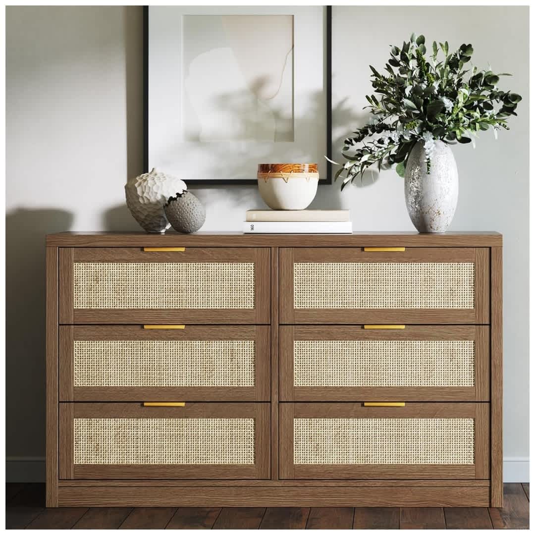 Qeetex NL-PHK-344GTYAN Dark Wood Color Particleboard Rattan Six Drawer Dresser