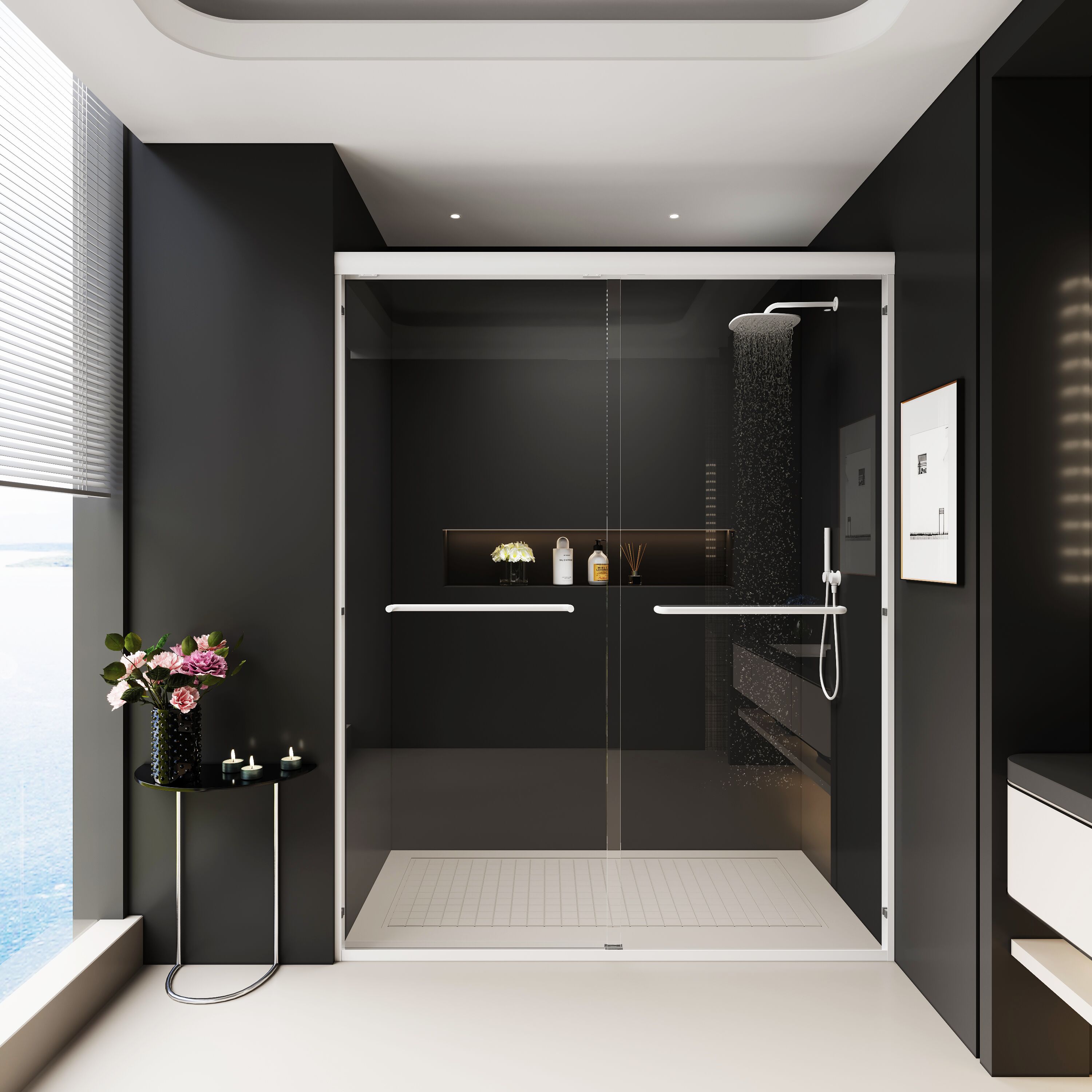 Tatayosi - 56-60W x 72H Double Sliding Semi-Frameless Shower Door 6mm Tempered Glass Walk-in Bath...