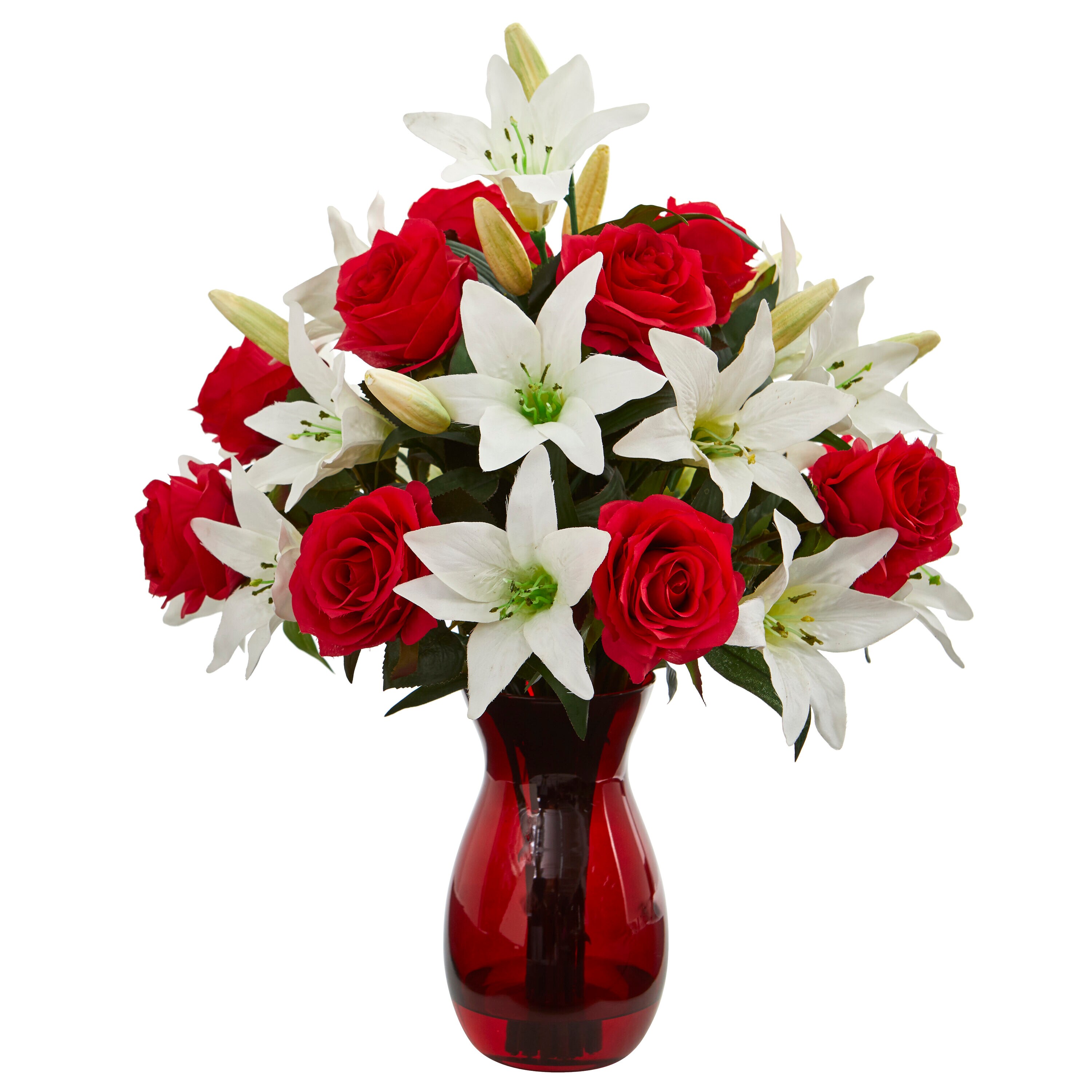  Roses and Lilies Artificial Arrangement in Red Vase
