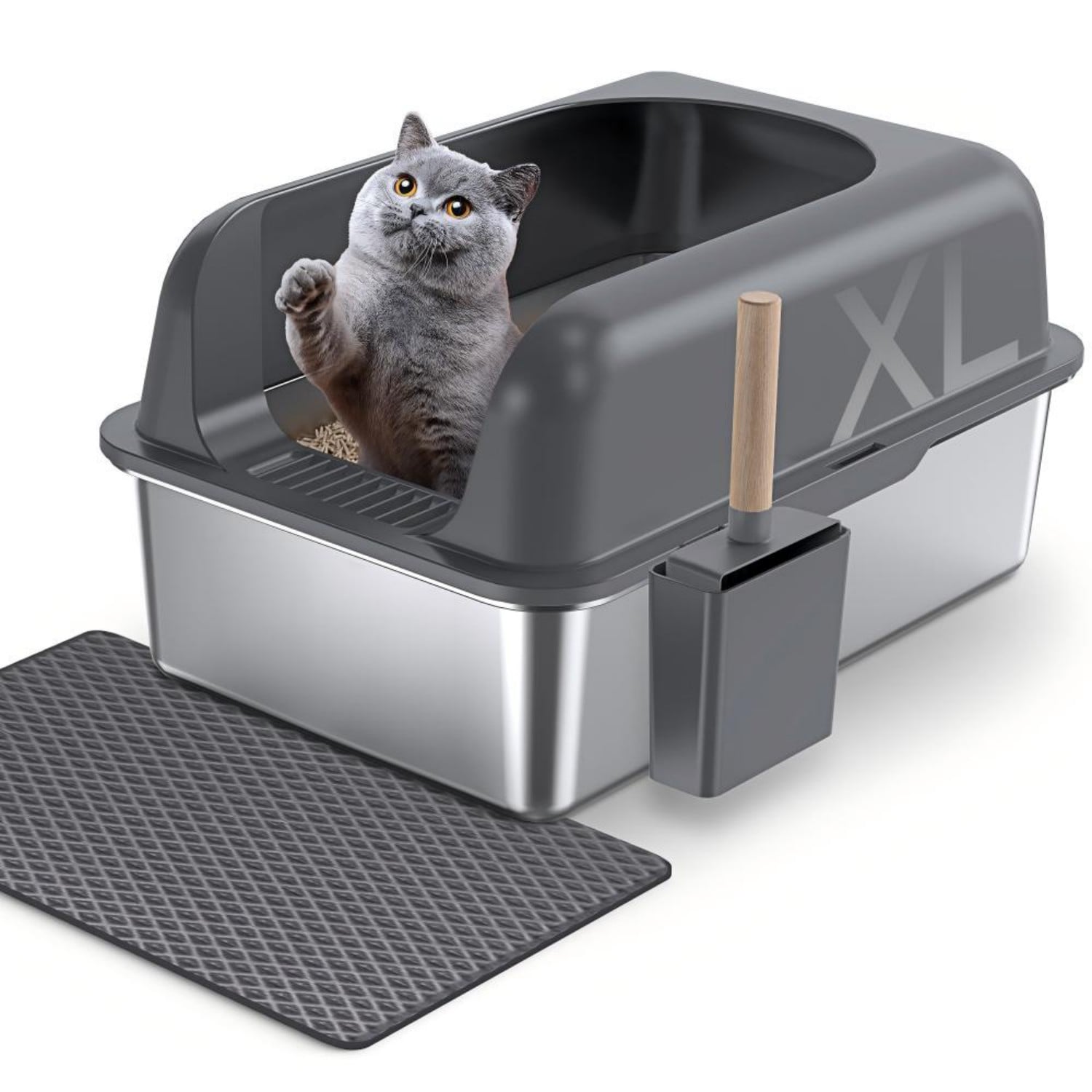Gimars -  XL Stainless Steel Cat Litter Box 36L Metal Litter Tray with Scoop and Mat High Sided R...