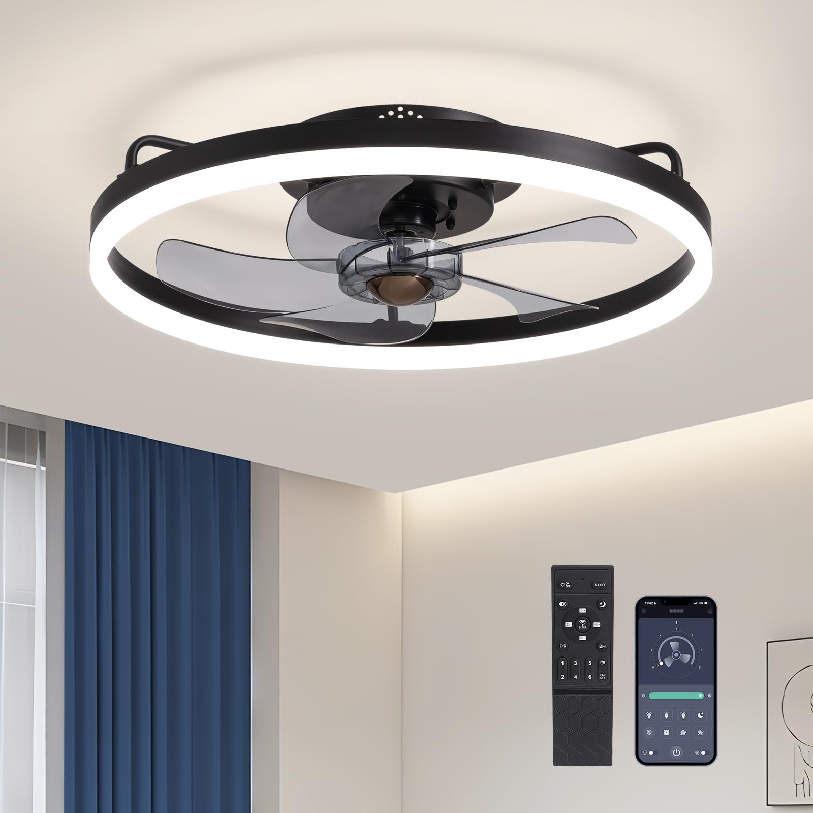 SILJOY LL-6002BL-01 Flush mount Ceiling Fan with Light and Remote Control Include
