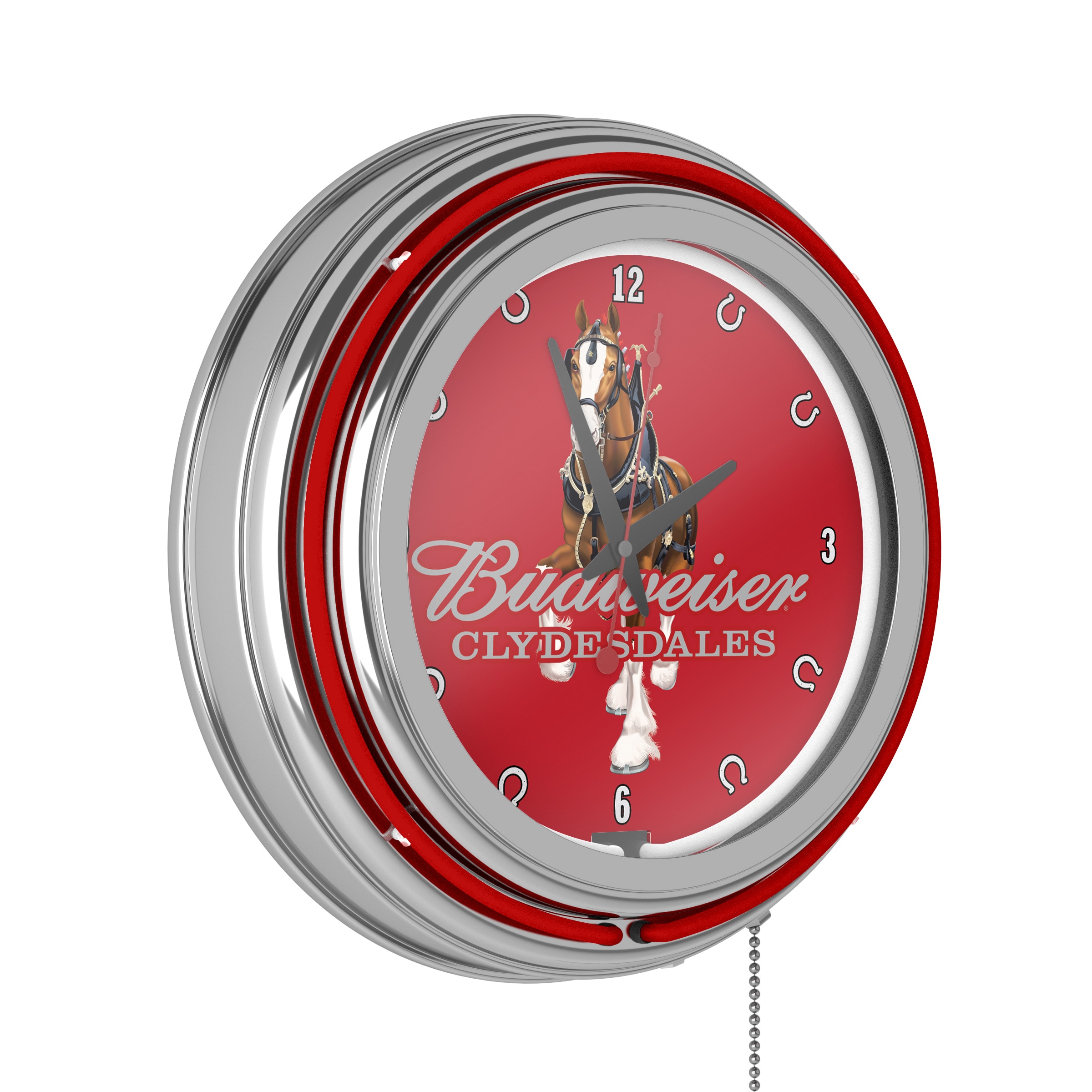 Trademark Gameroom Budweiser Chrome Double Rung Neon Clock - Clydesdale Red, Officially Licensed, Chrome Finish, Medium Size, Battery-Operated -  AB1400-CLY-R