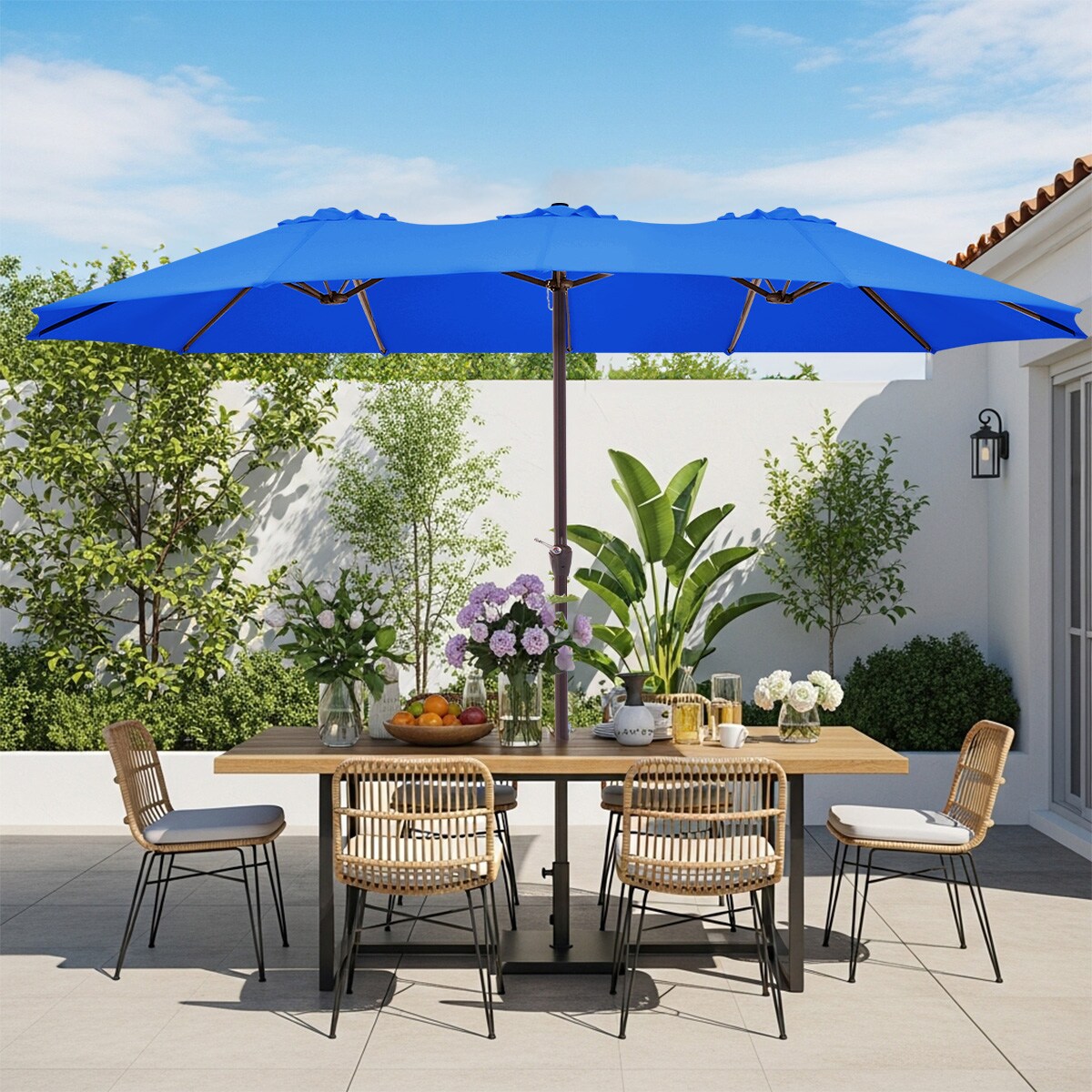 Serwall - 9 x 15-ft Large Double Sided Market Patio Umbrella Blue Outdoor Garden Umbrella without...