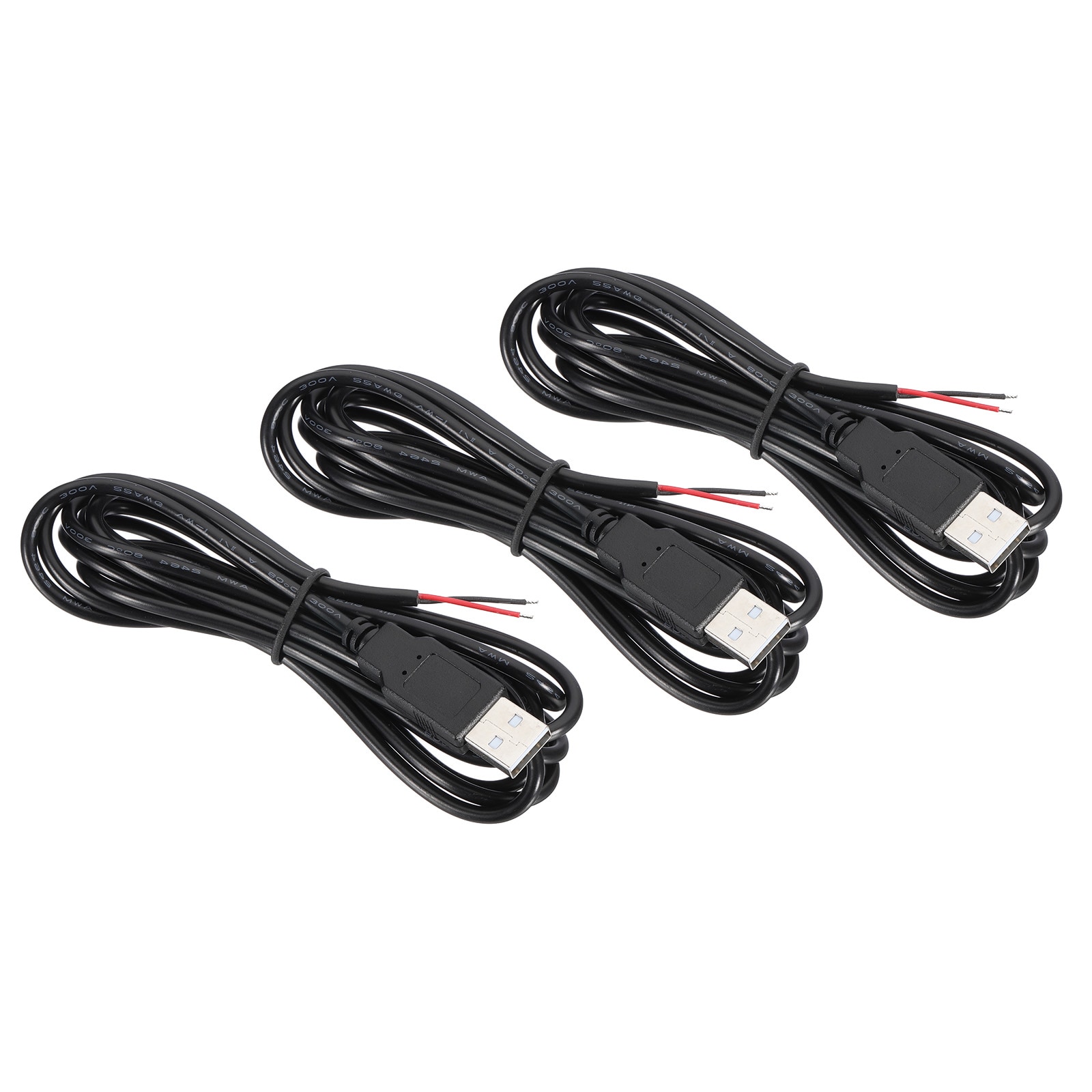 PATIKIL 6.56Ft USB 2.0 Male to 2 Pin Bare Wire Pigtail Cable 3pcs 22AWG Power Cords Extension Connector Adapter for Charging Equipment DIY Repair Black