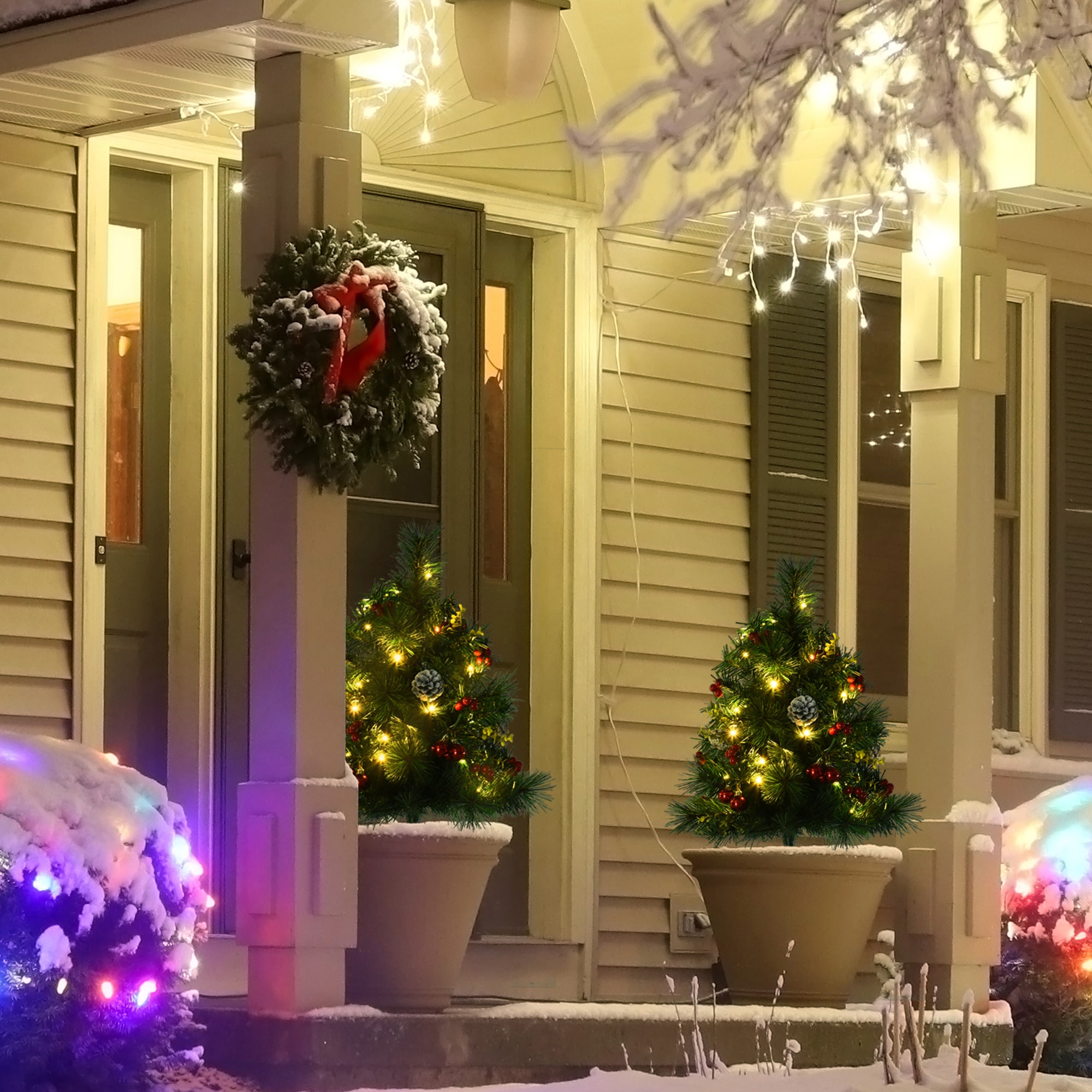 HomCom  22.5in Christmas Tree 2-Pack Outdoor Pre-Lit Artificial Pine Cordless with 24 Warm White Lights and Stakes
